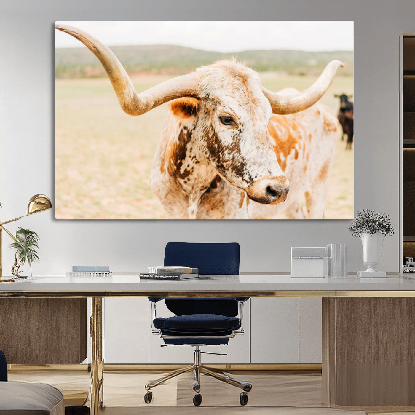 21060648-MGV-CV-36X24-Texas Longhorn Wall Art Canvas Print, Framed Speckled Cow Art Picture Print, Rustic Bull Perfect Rustic Western Decor Artwork