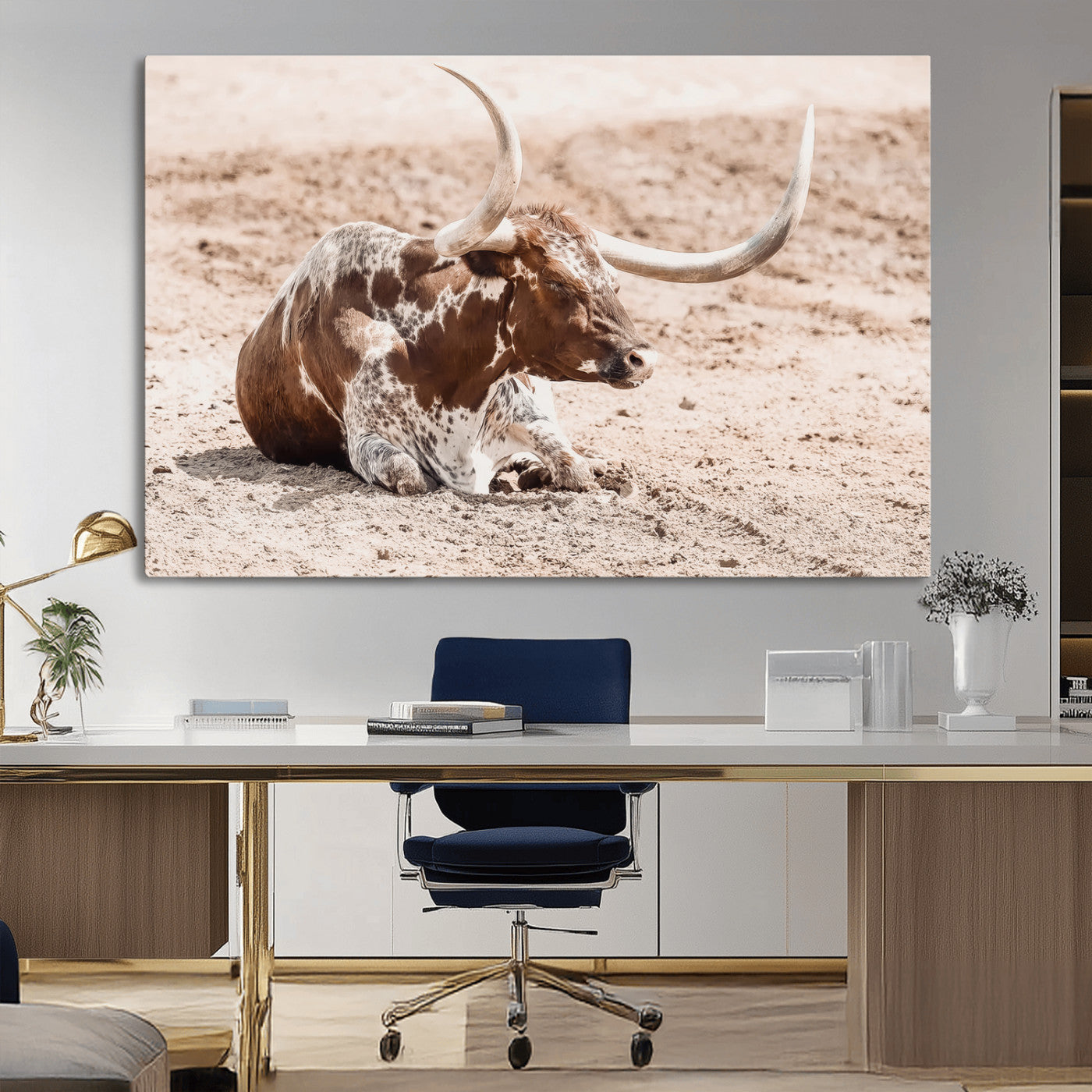 25407592-MGV-CV-36X24-Texas Longhorn Wall Art Canvas Print, Framed Resting Bull Art Picture Print, Spotted Cattle Perfect Rustic Western Decor Artwork