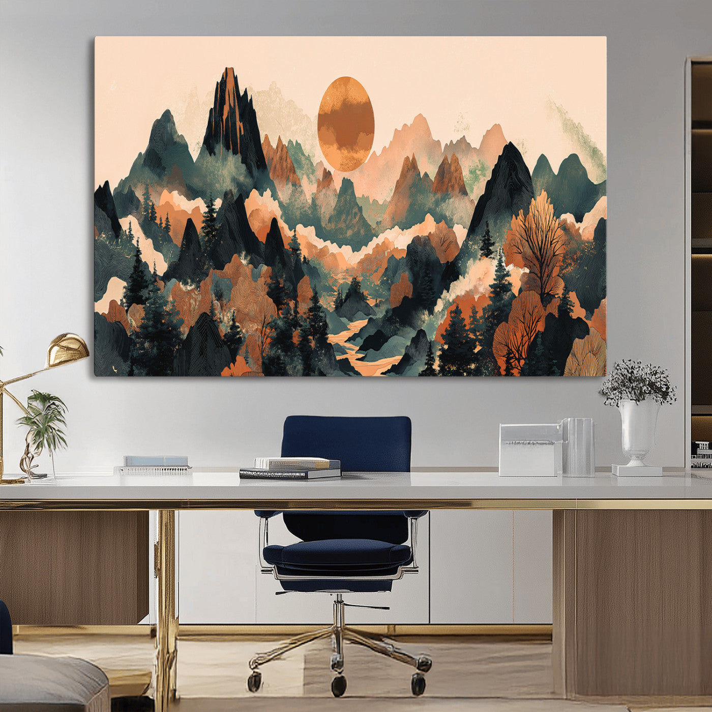 13012770-MGV-CV-36X24-Mountain Landscape Wall Art – Modern Nature Canvas Print with Sun, Misty Peaks, and Forest in Orange and Green Tones for Living
