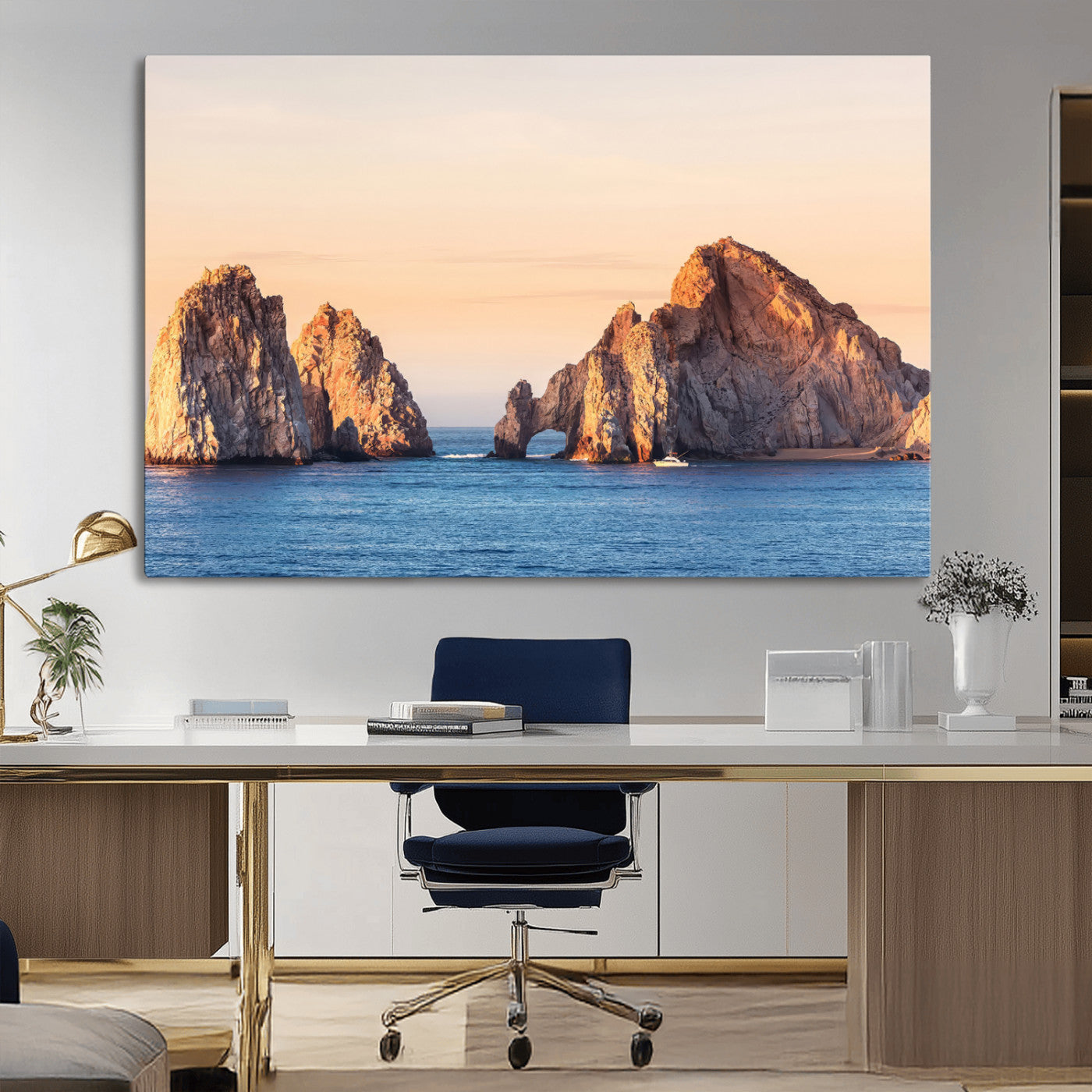 72996116-MGV-CV-36X24-El Arco Wall Art Canvas Print, Framed Cabo Rocks Art Picture Print, Ocean Arch Perfect Golden Coastal Landmark Decor Artwork