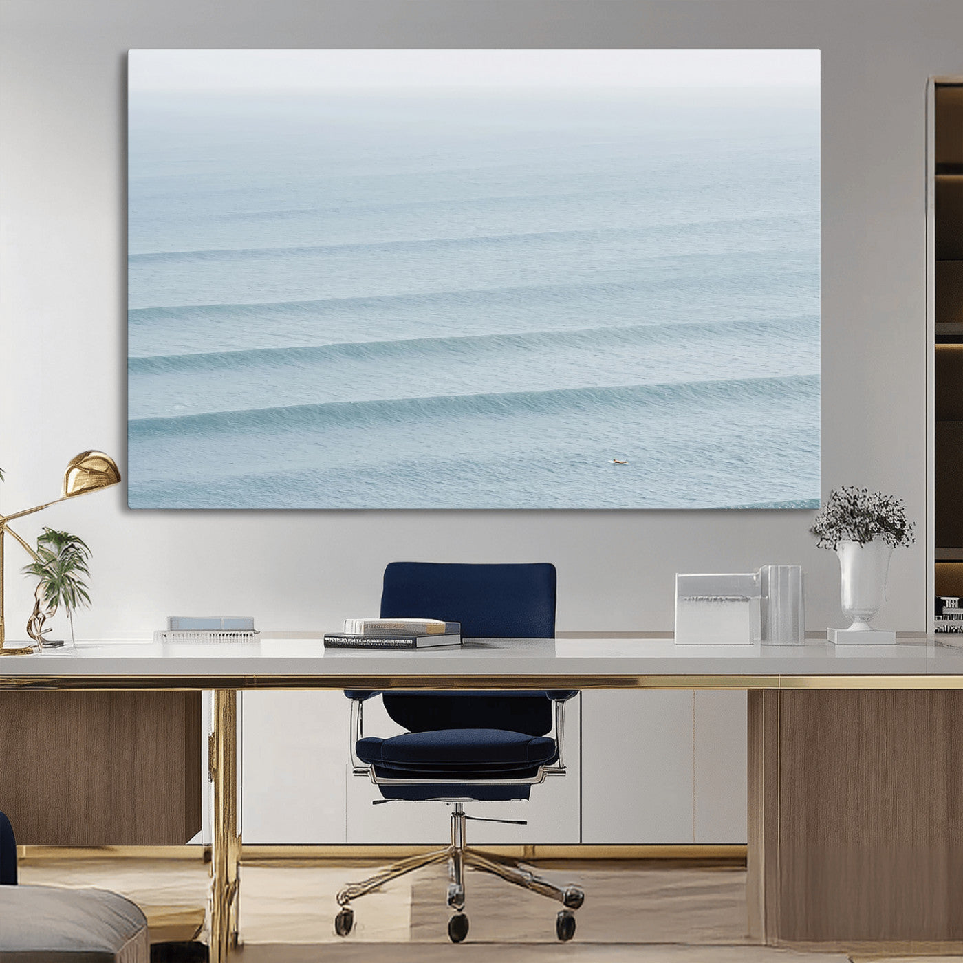 47814787-MGV-CV-36X24-Ocean Waves Wall Art Canvas Print, Framed Solo Surfer Art Picture Print, Wave Lines Perfect Minimalist Ocean Decor Artwork