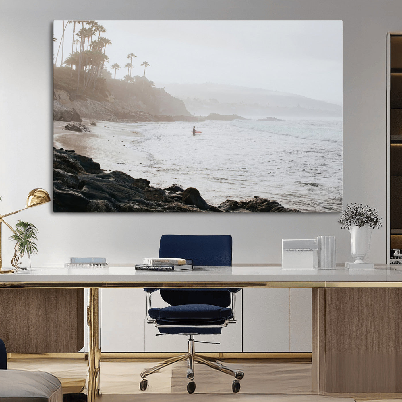 62501405-MGV-CV-36X24-Misty Beach Wall Art Canvas Print, Framed California Surfer Art Picture Print, Coastal Cliff Perfect Coastal Beach Decor Artwork