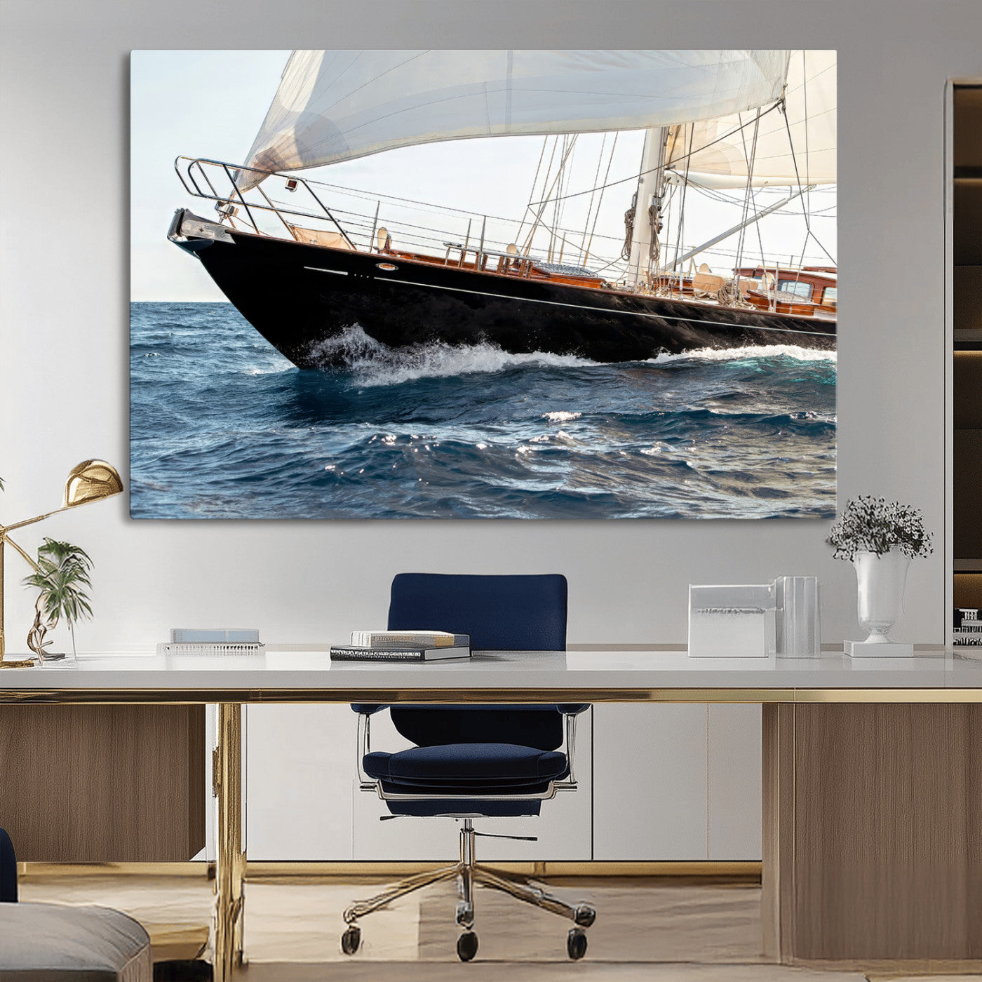 97168626-MGV-CV-36X24-Sailing Yacht Wall Art Canvas Print, Framed Wooden Yacht Art Picture Print, Ocean Waves Perfect Nautical Coastal Decor Artwork