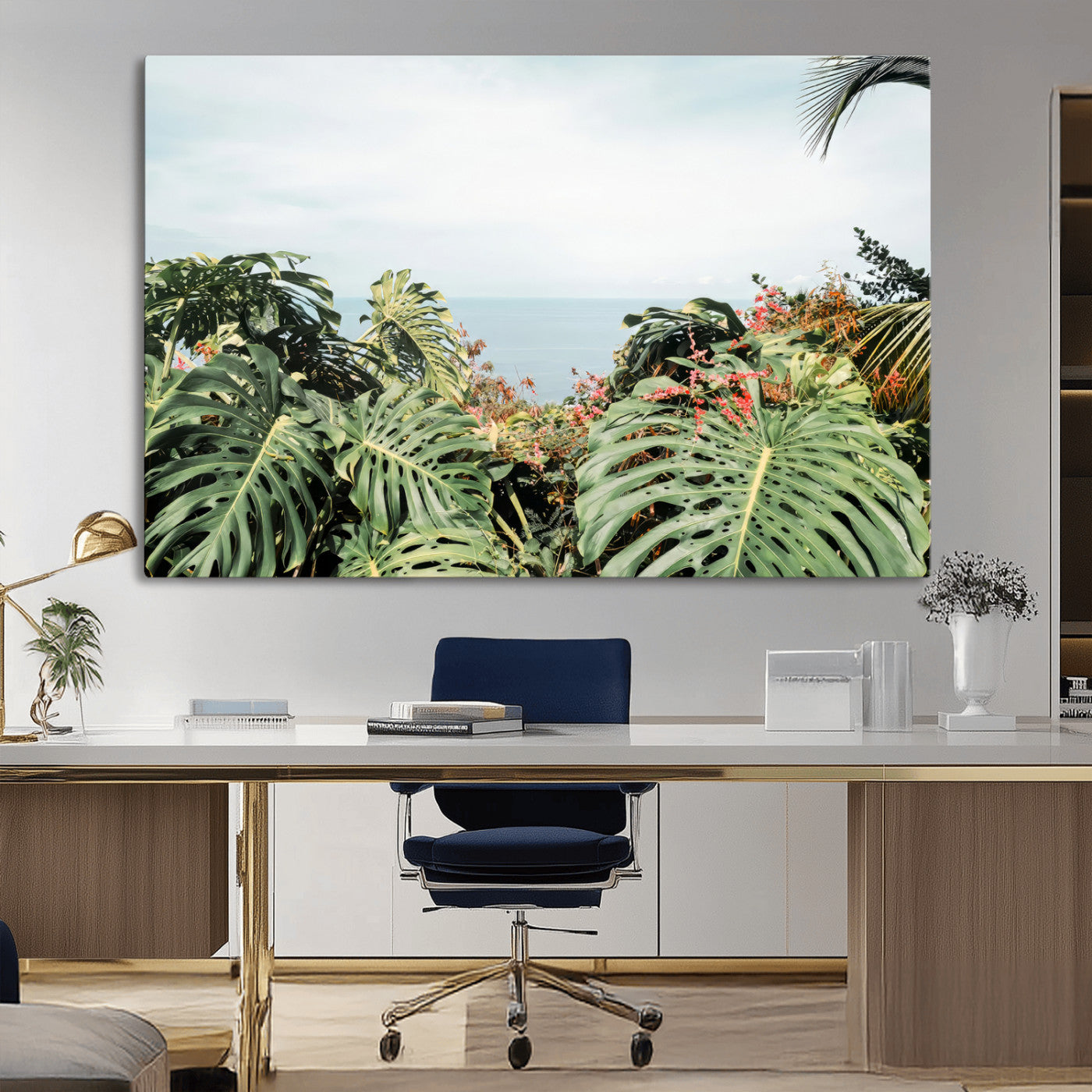 45700479-MGV-CV-36X24-Monstera Leaves Wall Art Canvas Print, Framed Tropical Ocean Art Picture Print, Tropical Foliage Perfect Tropical Coastal Jungle