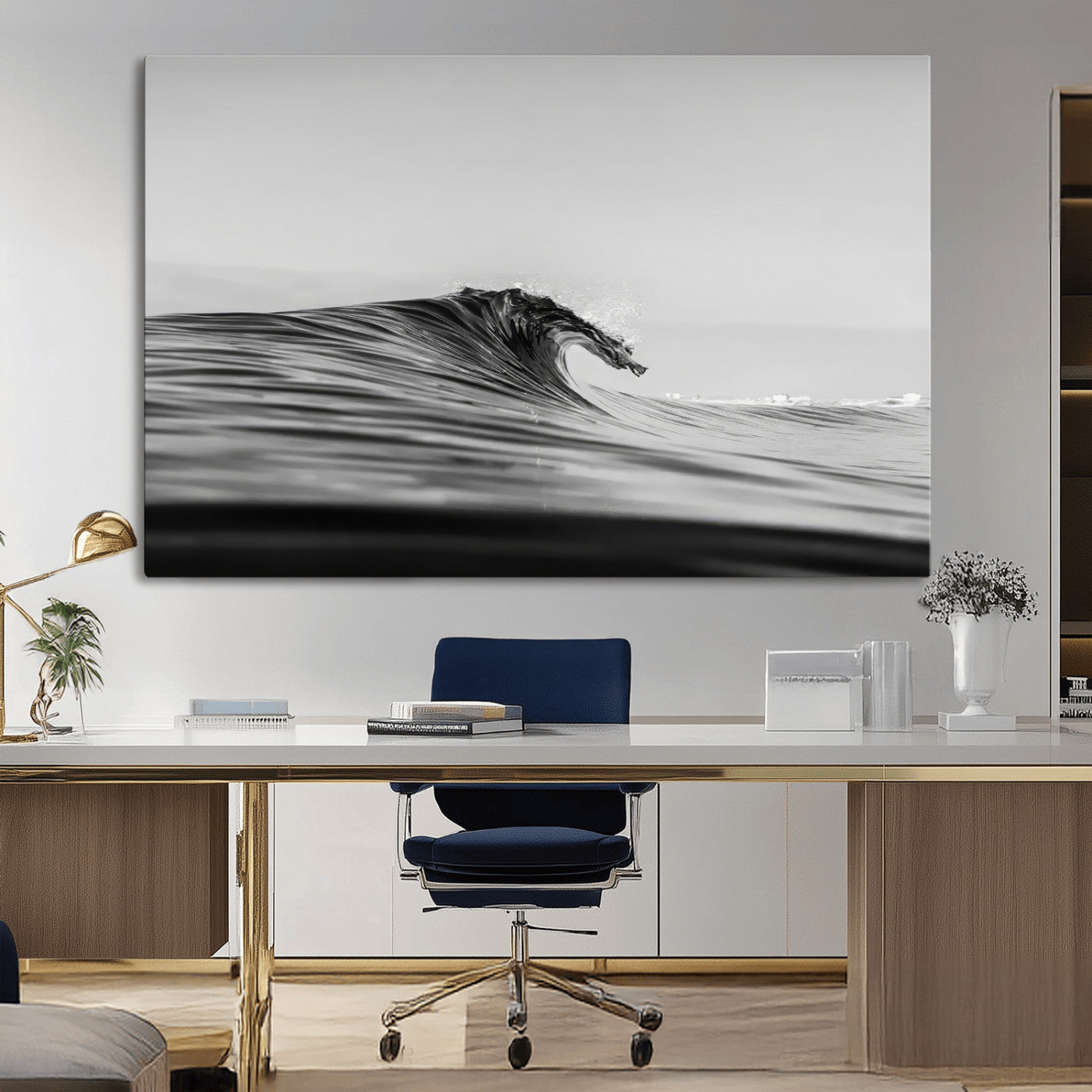 24029476-MGV-CV-36X24-Black Wave Wall Art Canvas Print, Framed Abstract Surf Art Picture Print, Minimalist Ocean Perfect Minimalist Coastal Decor