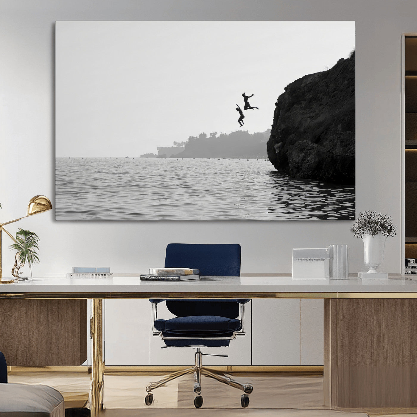 52284302-MGV-CV-36X24-Cliff Jumping Wall Art Canvas Print, Framed Ocean Adventure Art Picture Print, Black White Coast Perfect Modern Coastal Decor