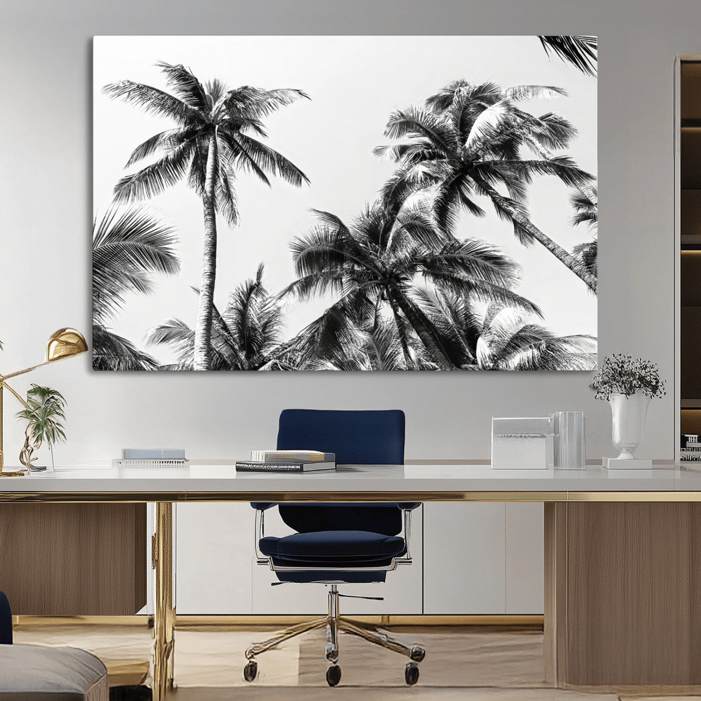 46641801-MGV-CV-36X24-Palm Tree Wall Art Canvas Print, Framed Black White Tropics Art Picture Print, Monochrome Palms Perfect Modern Tropical Minimalist