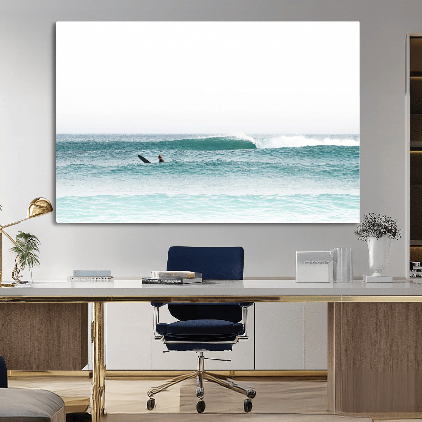 56345117-MGV-CV-36X24-Minimalist Surfing Wall Art Canvas Print, Framed Ocean Waves Art Picture Print, Soft Ocean Perfect Minimalist Coastal Decor