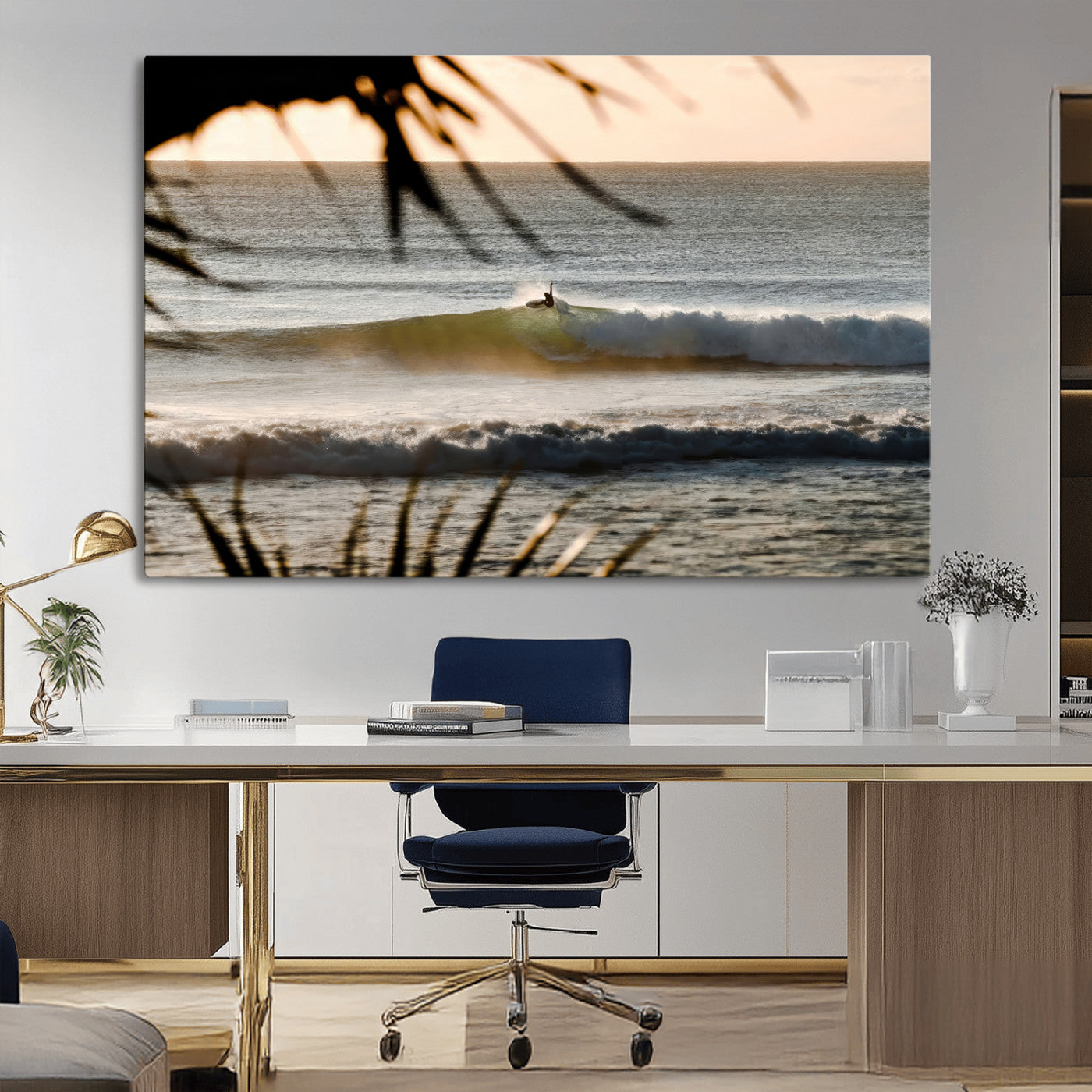 24896468-MGV-CV-36X24-Sunset Surf Wall Art Canvas Print, Framed Golden Waves Art Picture Print, Tropical Ocean Perfect Tropical Boho Decor Artwork