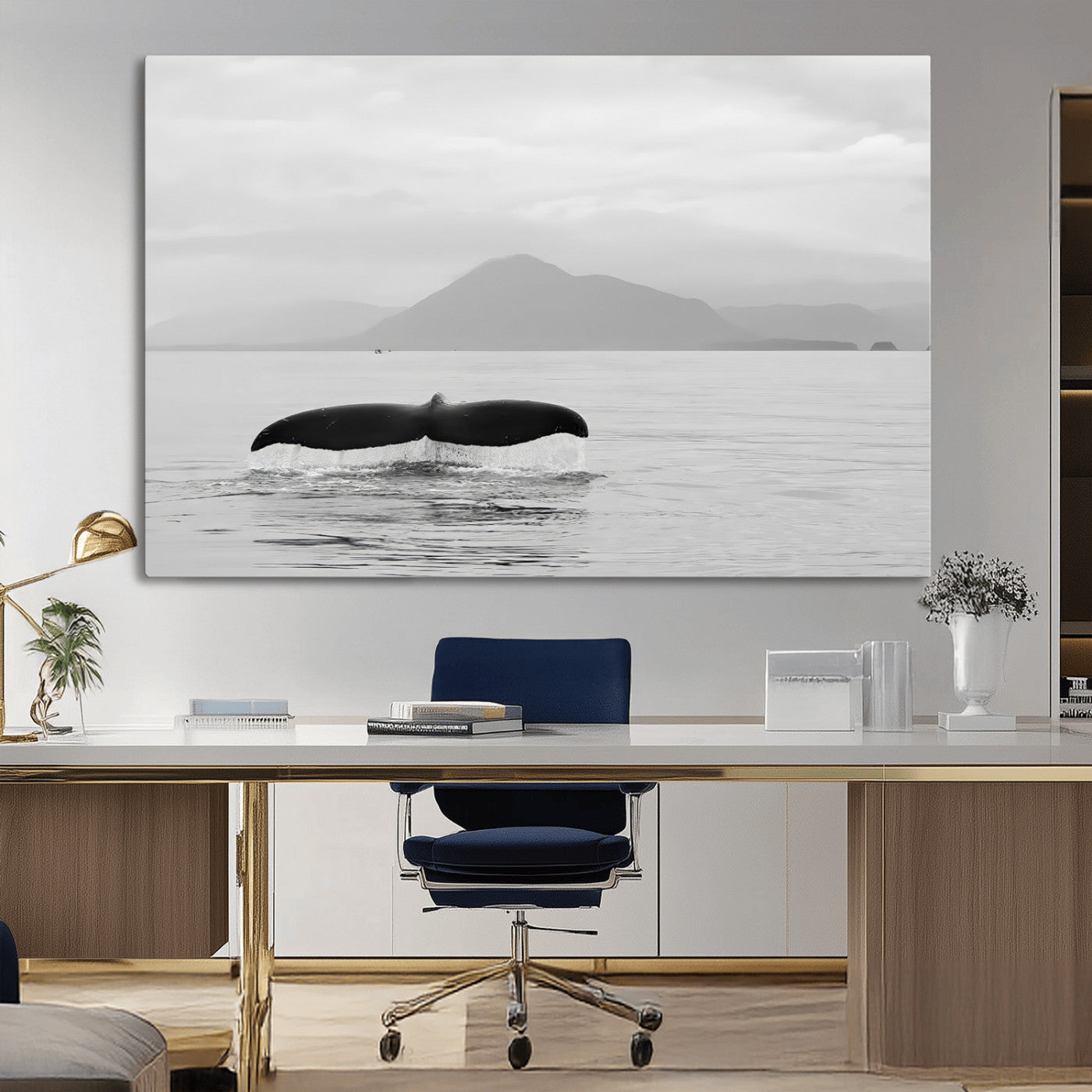 30524220-MGV-CV-36X24-Whale Tail Wall Art Canvas Print, Framed Black White Ocean Art Picture Print, Calm Marine Perfect Minimalist Coastal Decor Artwork