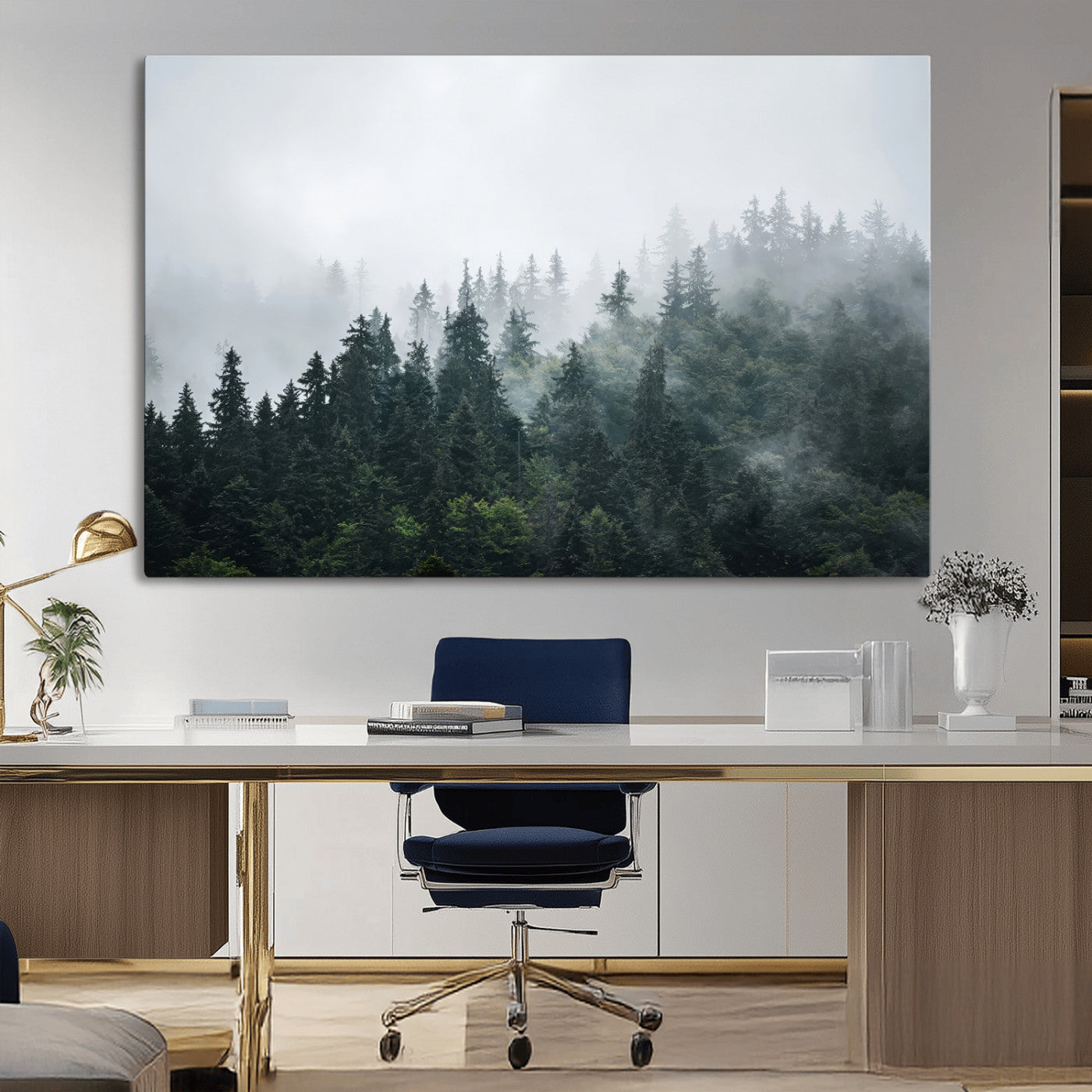 84146572-MGV-CV-36X24-Foggy Pine Trees Wall Art Canvas Print, Framed Forest Nature Art Picture Print, Evergreen Forest Perfect Scandinavian Minimalist