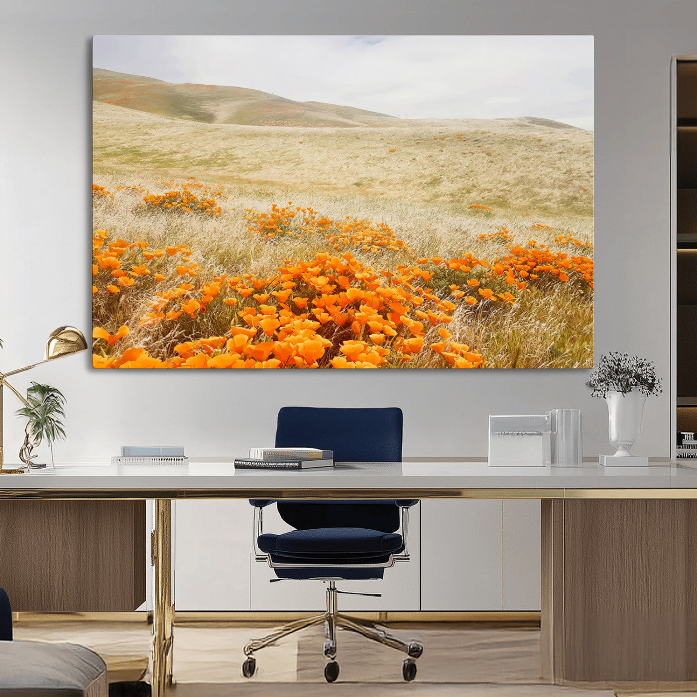 28972262-MGV-CV-36X24-Golden Wildflowers Wall Art Canvas Print, Framed Hills Bloom Art Picture Print, Poppy Meadow Perfect Rustic Nature Decor Artwork