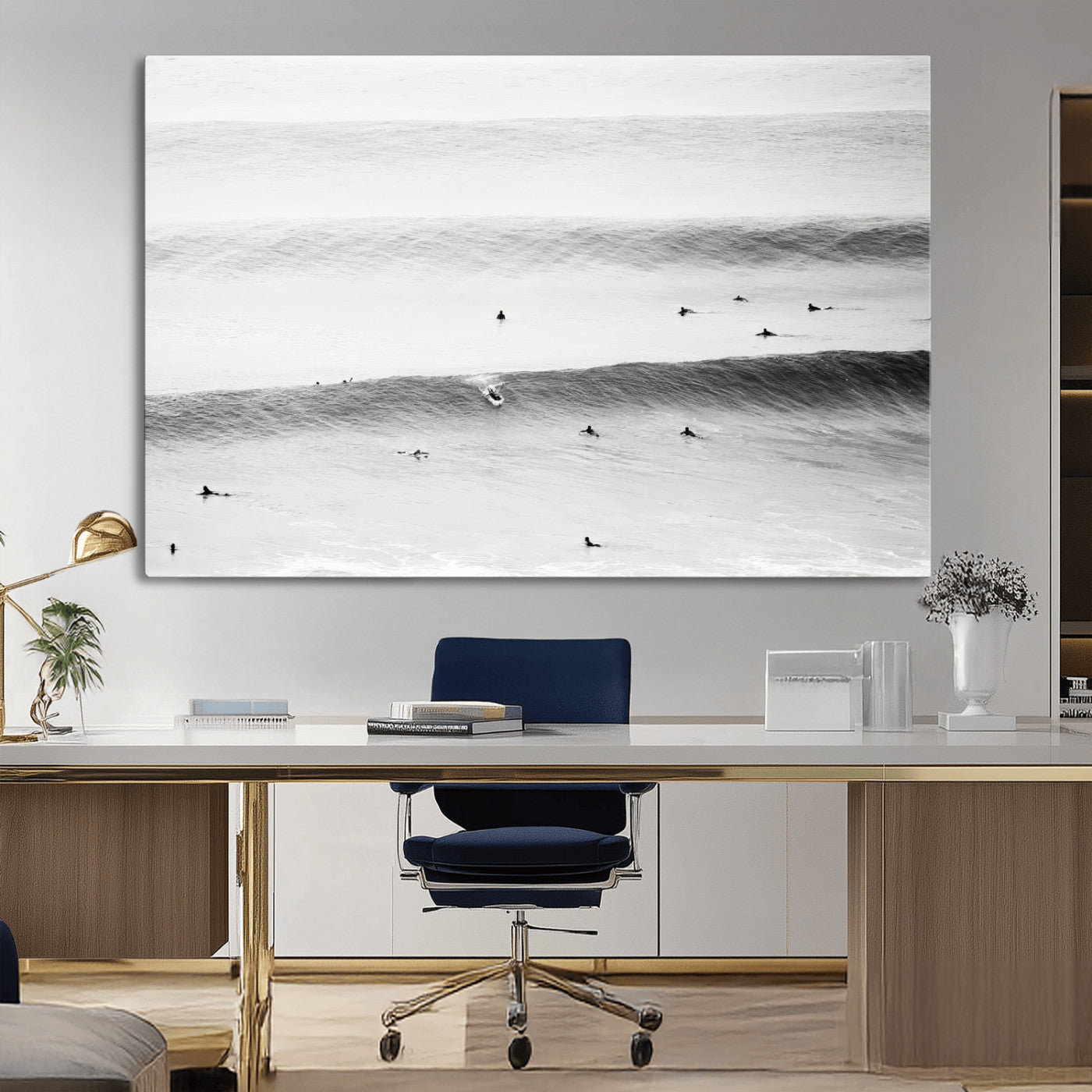 54291445-MGV-CV-36X24-Black White Ocean Wall Art Canvas Print, Framed Coastal Sport Art Picture Print, Ocean Culture Perfect Minimalist Coastal Decor