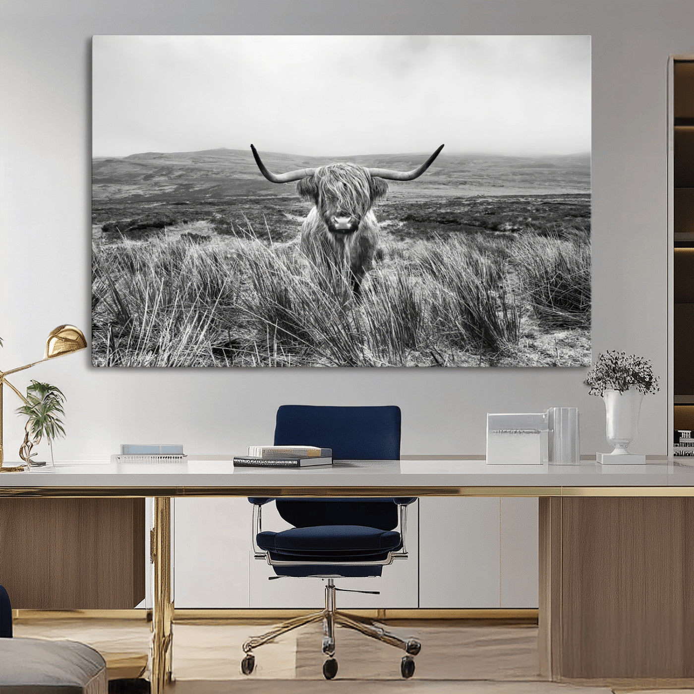 24051061-MGV-CV-36X24-Monochrome Highland Cow Wall Art Canvas Print, Framed Scottish Bull Art Picture Print, Lone Cattle Perfect Rustic Farmhouse Decor