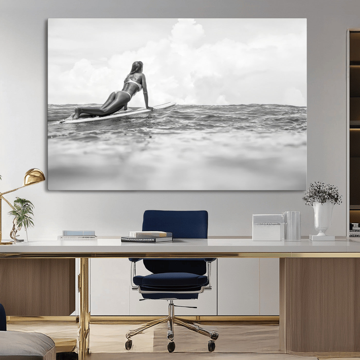 69798068-MGV-CV-36X24-Black White Surfing Wall Art Canvas Print, Framed Ocean Horizon Art Picture Print, Surfer Girl Perfect Coastal Adventure Decor
