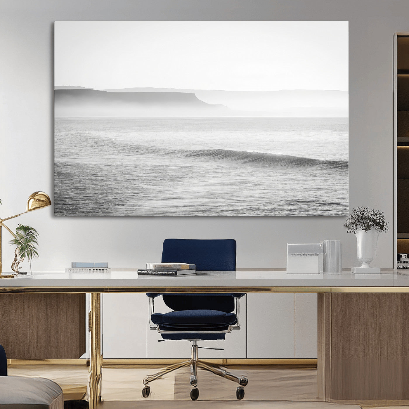 60635783-MGV-CV-36X24-Black White Seascape Wall Art Canvas Print, Framed Ocean Waves Art Picture Print, Misty Coastal Perfect Minimalist Coastal Decor