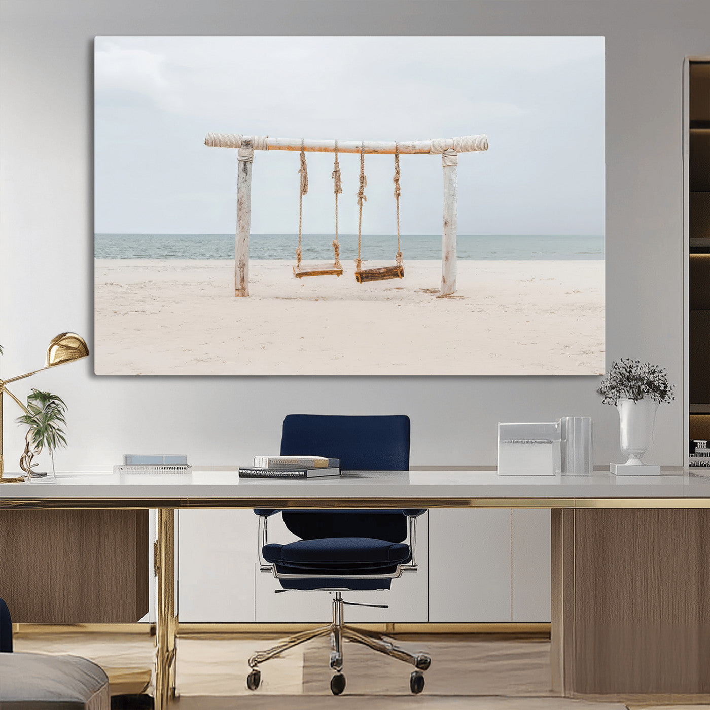 68327283-MGV-CV-36X24-Beach Swing Wall Art Canvas Print, Framed Quiet Beach Art Picture Print, Calm Shoreline Perfect Bohemian Coastal Decor Artwork