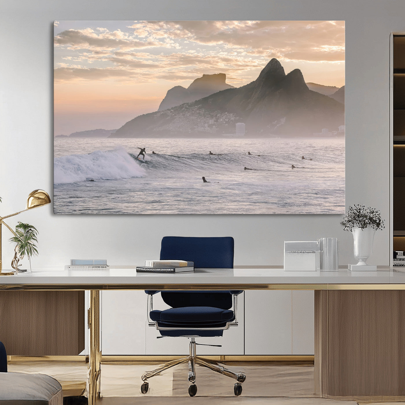 70644906-MGV-CV-36X24-Sunset Surfing Wall Art Canvas Print, Framed Misty Mountains Art Picture Print, Surfer Riding Wave Perfect Coastal Adventure Decor