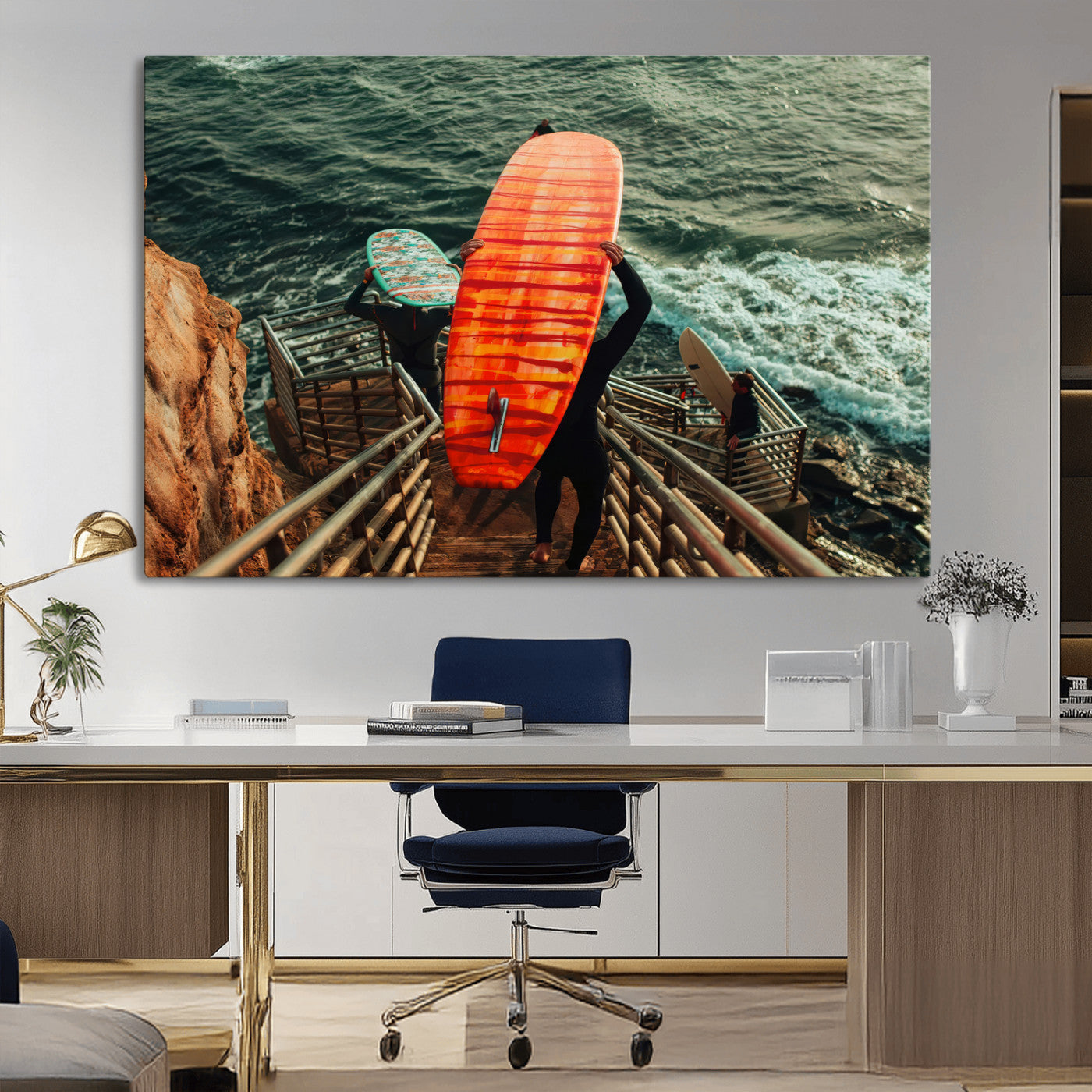 84555848-MGV-CV-36X24-Surfer Stairway Wall Art Canvas Print, Framed Ocean Surf Art Picture Print, Sunset Coastal Perfect Coastal Adventure Decor Artwork