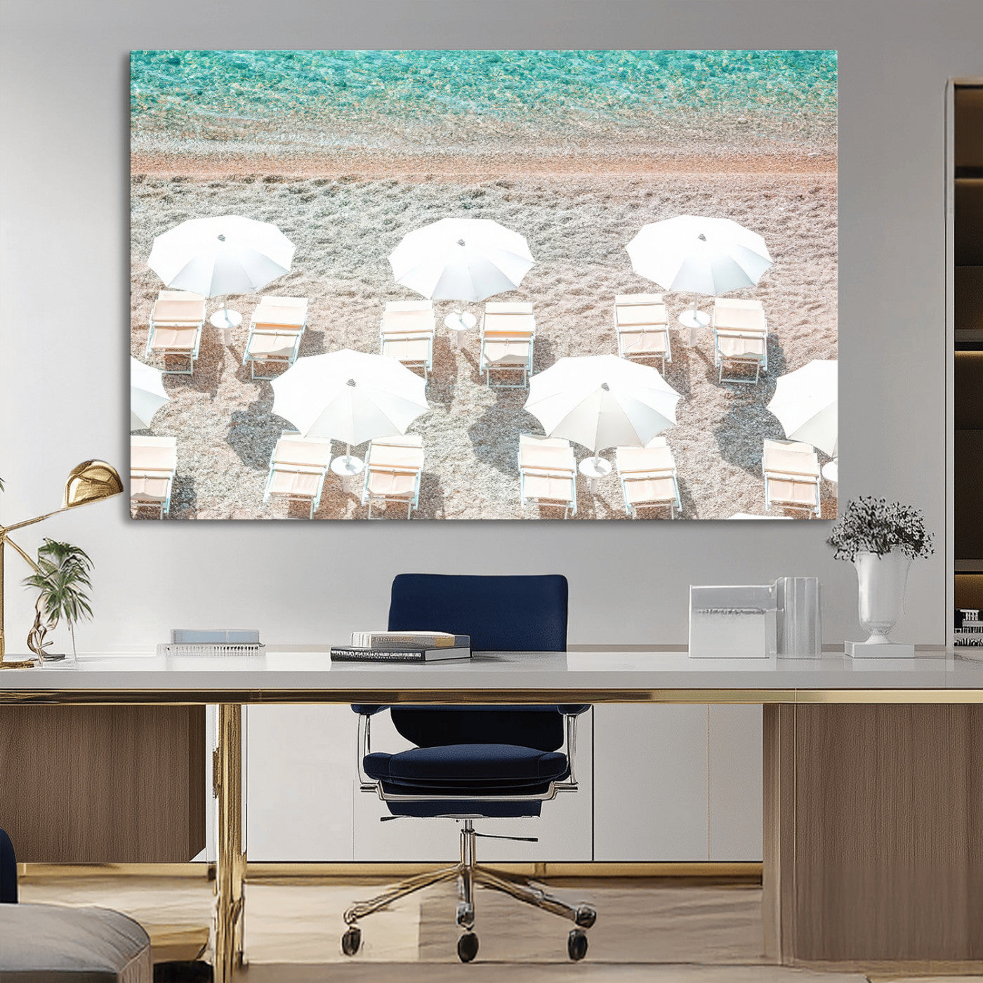 83736167-MGV-CV-36X24-Calm Beach Wall Art Canvas Print, Framed Turquoise Water Art Picture Print, Umbrella Shoreline Perfect Coastal Minimalist Decor