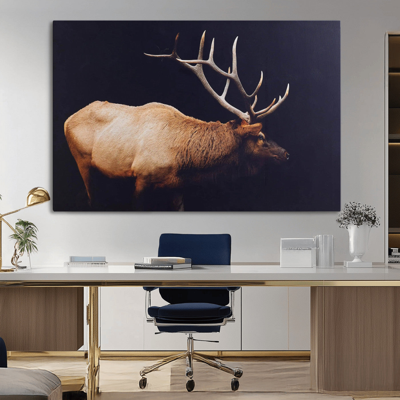 91871131-MGV-CV-36X24-Rustic Elk Art Wall Art Canvas Print, Framed Moody Wildlife Decor Art Picture Print, Western Animal Print Perfect Western Lodge