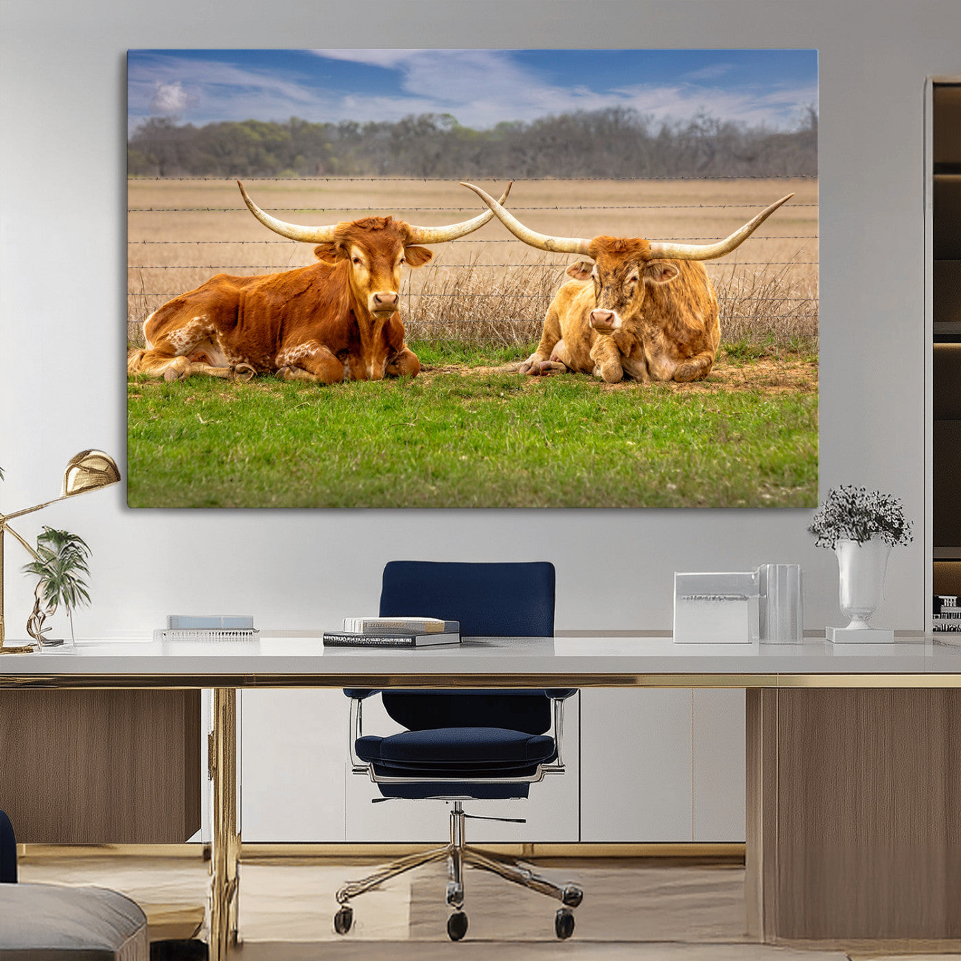 97244565-MGV-CV-36X24-Longhorn Duo Wall Art Canvas Print, Framed Cozy Ranch Vibes Art Picture Print, Western Ranch Decor Perfect Rustic Farmhouse Decor