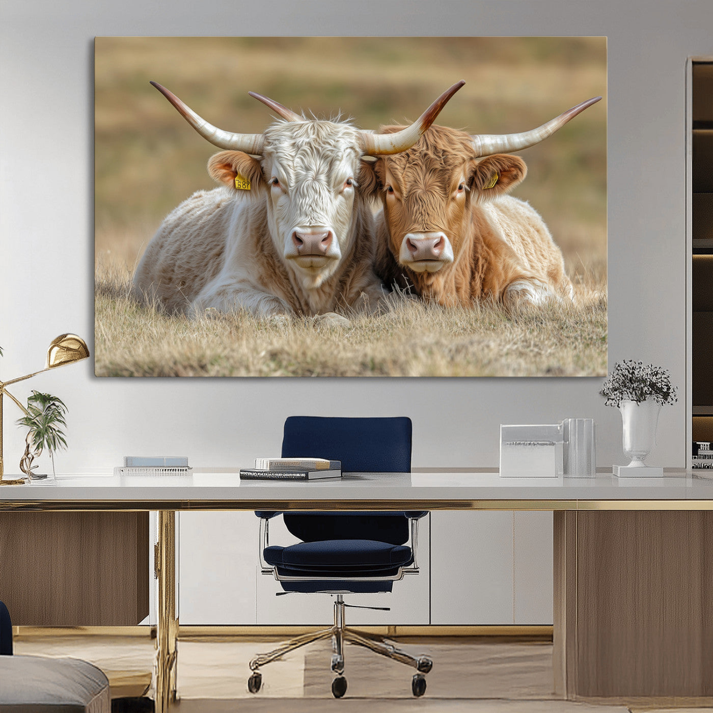 53388593-MGV-CV-36X24-Cow Photography Wall Art Canvas Print, Framed Rustic Animal Decor Art Picture Print, Texas Cow Pair Perfect Western Farmhouse