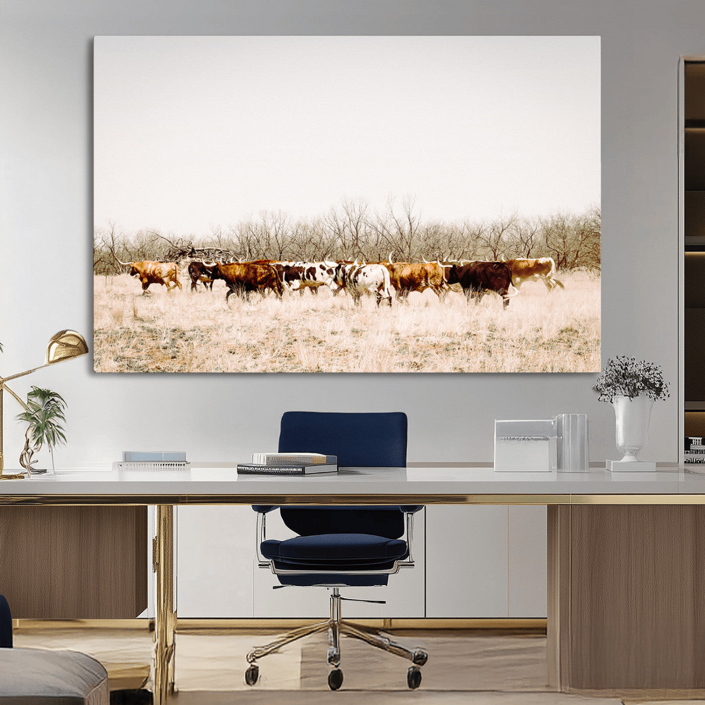 12454132-MGV-CV-36X24-Cow Herd Photography Wall Art Canvas Print, Framed Rustic Farmhouse Decor Art Picture Print, Western Ranch Style Perfect Rustic