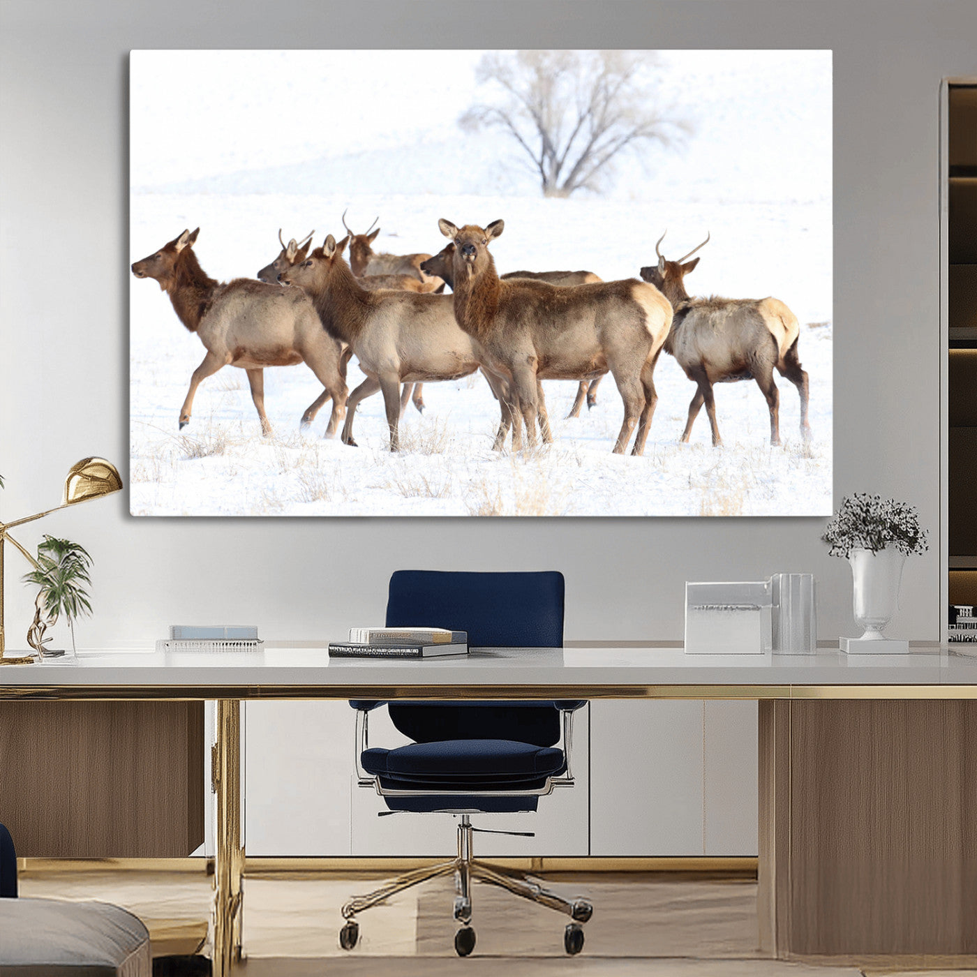 68738684-MGV-CV-36X24-Winter Elk Scene Wall Art Canvas Print, Framed Wildlife Photography Art Picture Print, Snowy Deer Decor Perfect Rustic Lodge Decor