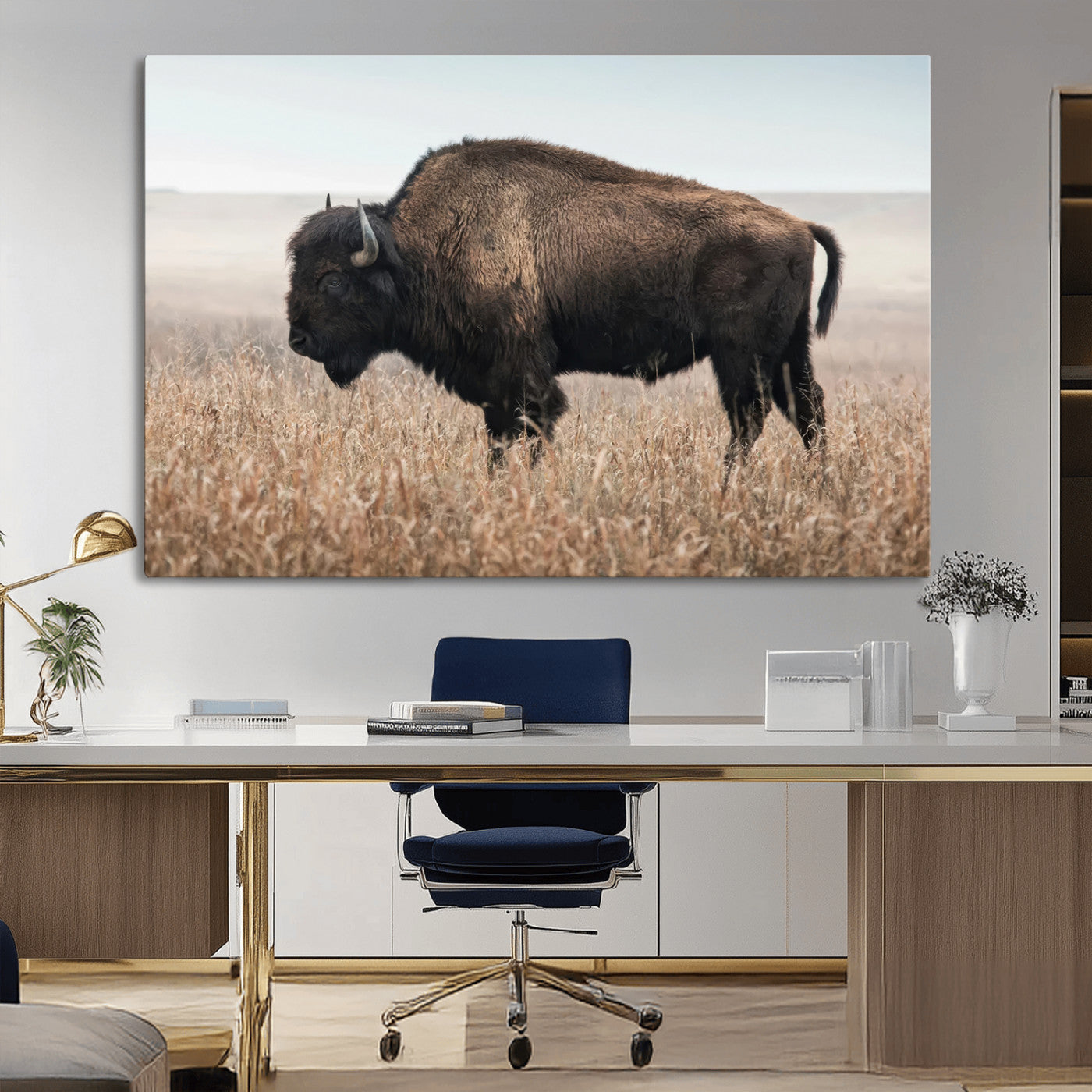 34451925-MGV-CV-36X24-Rustic Bison Decor Wall Art Canvas Print, Framed Buffalo Home Accent Art Picture Print, Prairie Wildlife Scene Perfect Western
