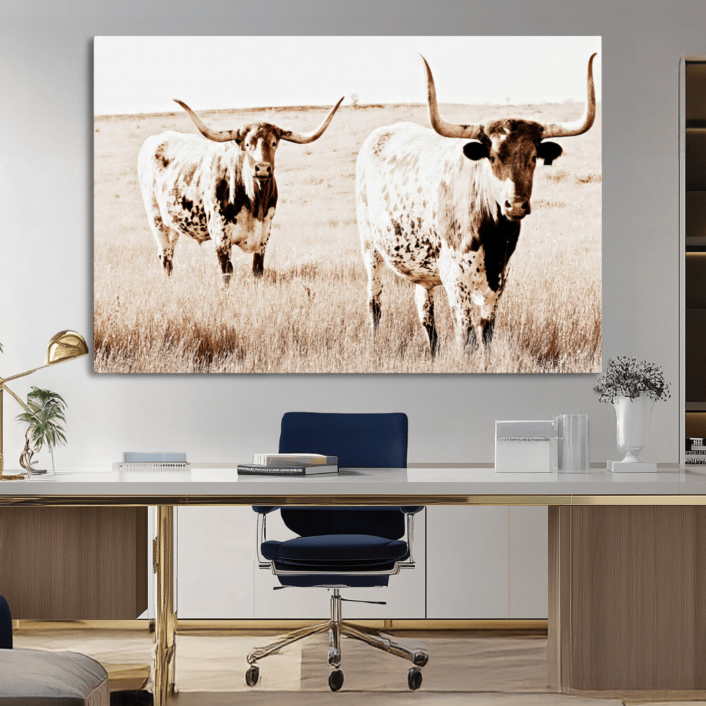 39672786-MGV-CV-36X24-Rustic Cow Scene Wall Art Canvas Print, Framed Farmhouse Style Cattle Art Picture Print, Prairie Animal Duo Perfect Rustic Western