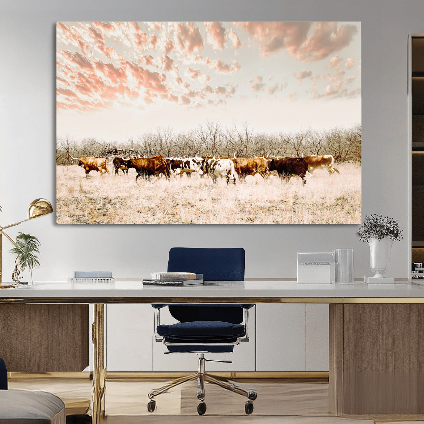 43704663-MGV-CV-36X24-Country Cow Herd Wall Art Canvas Print, Framed Farmhouse Cattle Scene Art Picture Print, Rustic Ranch Decor Perfect Rustic