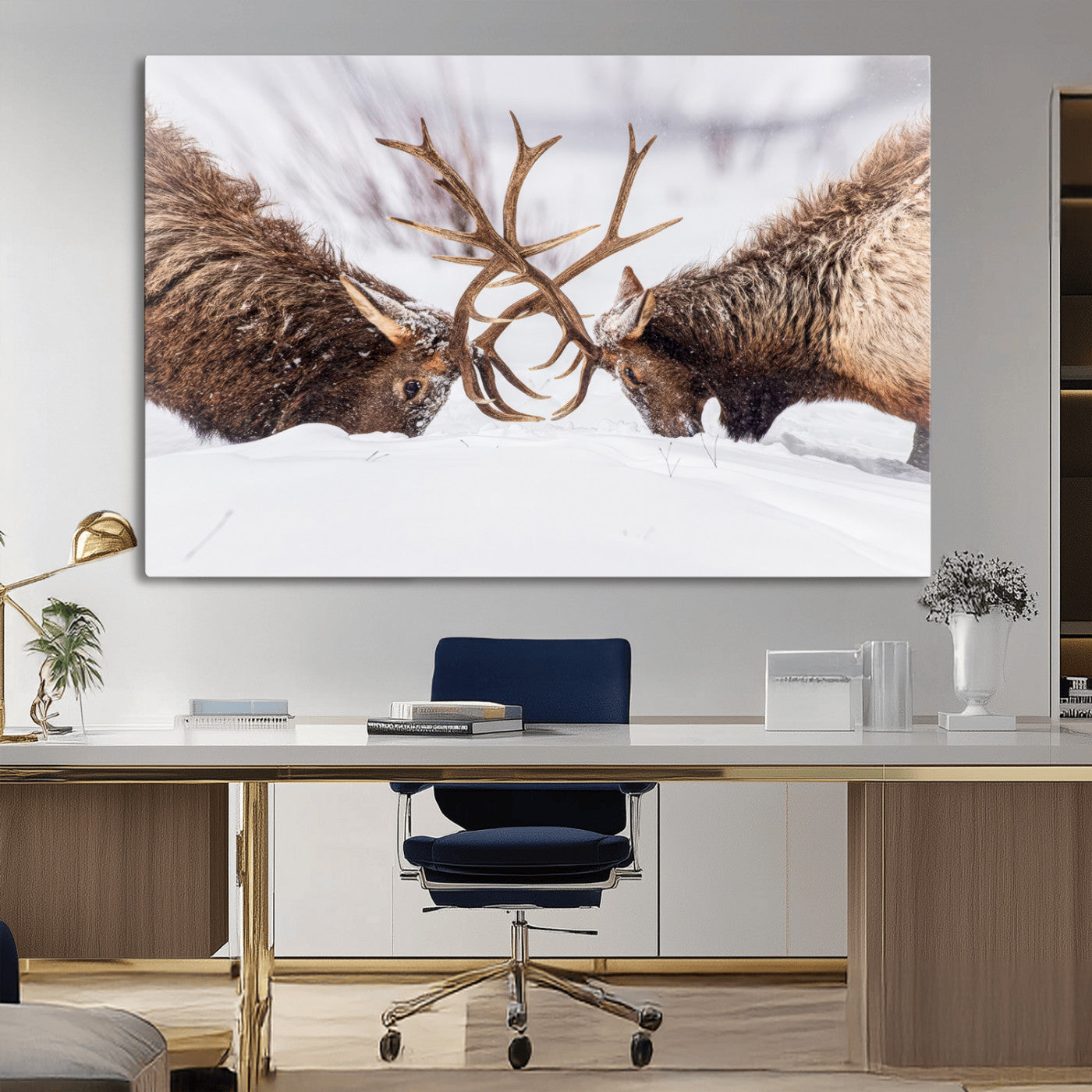 36507609-MGV-CV-36X24-Elk Clash Scene Wall Art Canvas Print, Framed Wildlife Strength Decor Art Picture Print, Snowy Forest Elk Perfect Rustic Lodge
