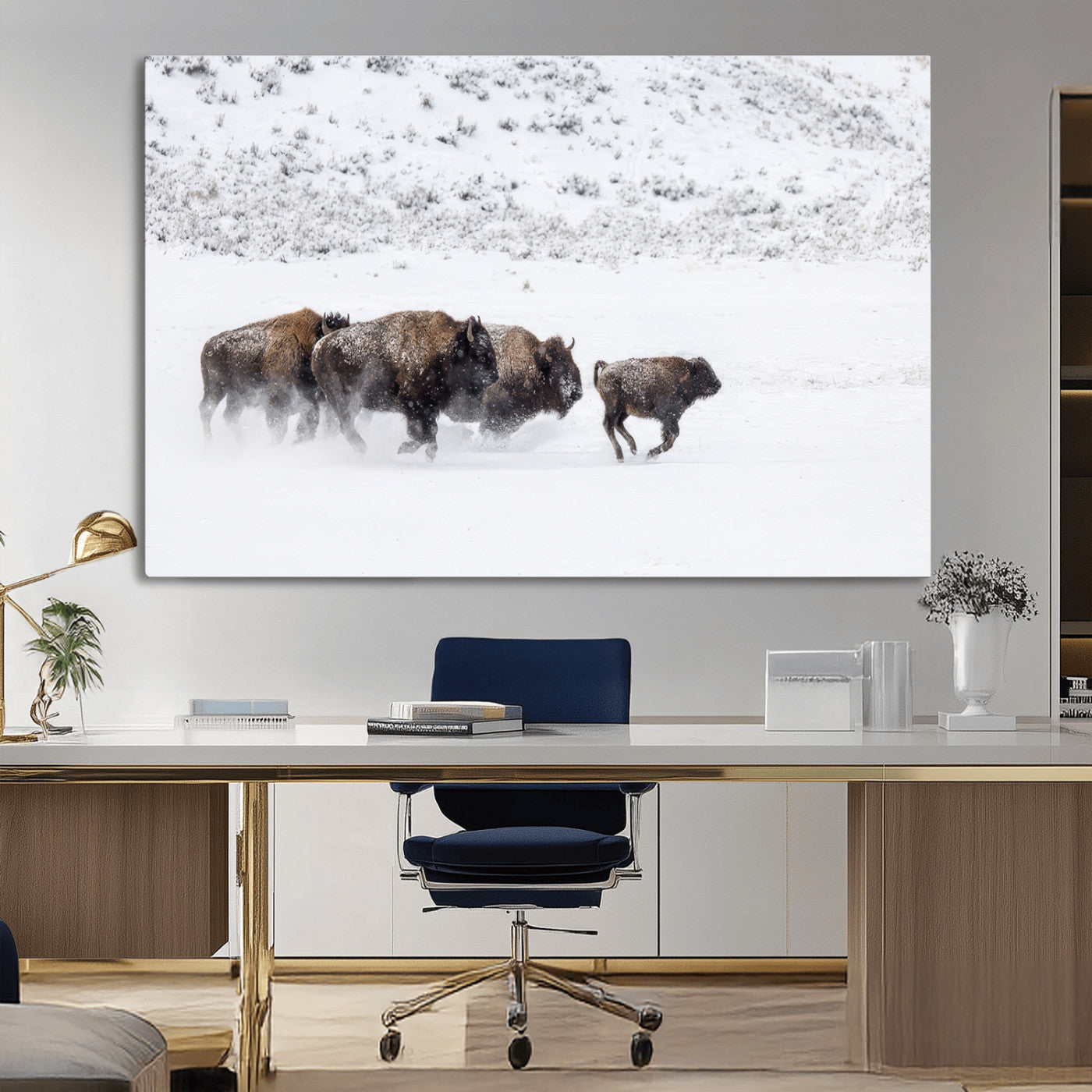 56216945-MGV-CV-36X24-Bison Herd Decor Wall Art Canvas Print, Framed Snowy Bison Scene Art Picture Print, Winter Wildlife Theme Perfect Rustic Western