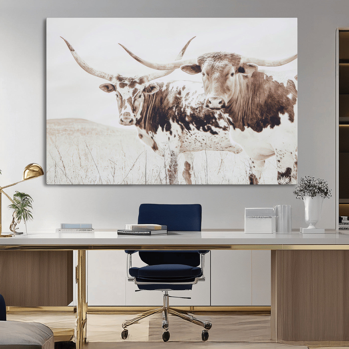 48161868-MGV-CV-36X24-Longhorn Cow Decor Wall Art Canvas Print, Framed Rustic Cattle Art Picture Print, Sepia Western Vibe Perfect Neutral Rustic