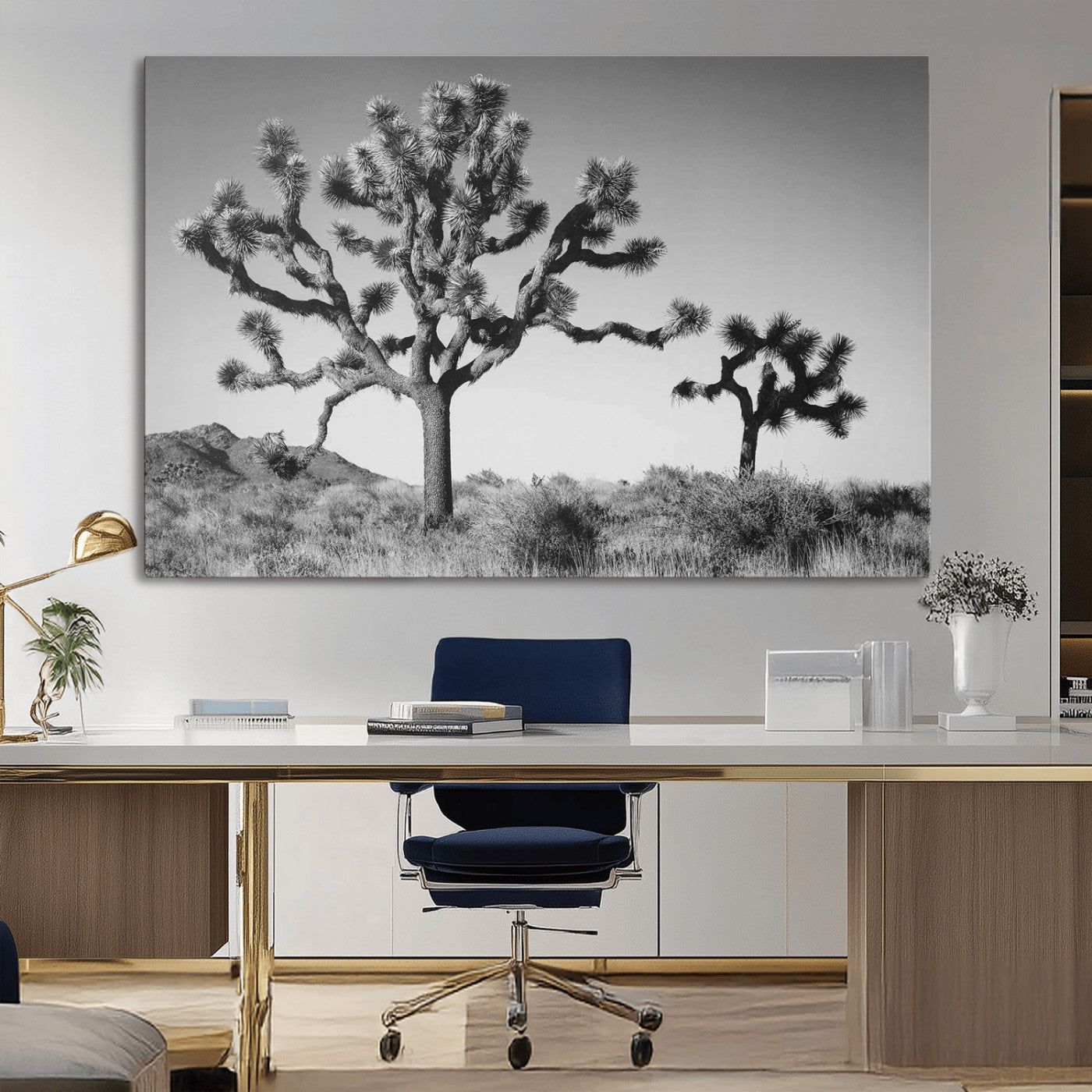 93692513-MGV-CV-36X24-Joshua Tree Wall Art Canvas Print, Framed Monochrome Desert Art Picture Print, Minimalist Nature Scene Perfect Southwestern