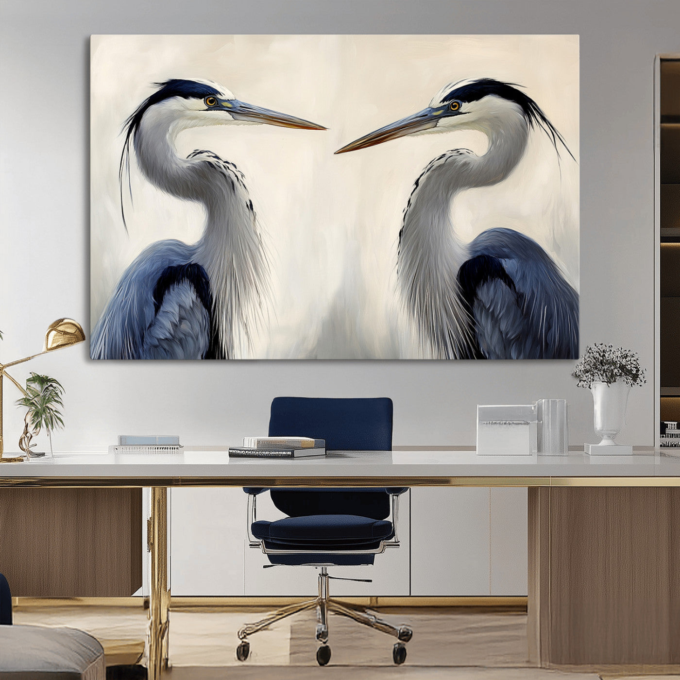 18230556-MGV-CV-36X24-Blue Heron Pair Wall Art Canvas Print, Framed Coastal Bird Theme Art Picture Print, Tranquil Wildlife Scene Perfect Coastal