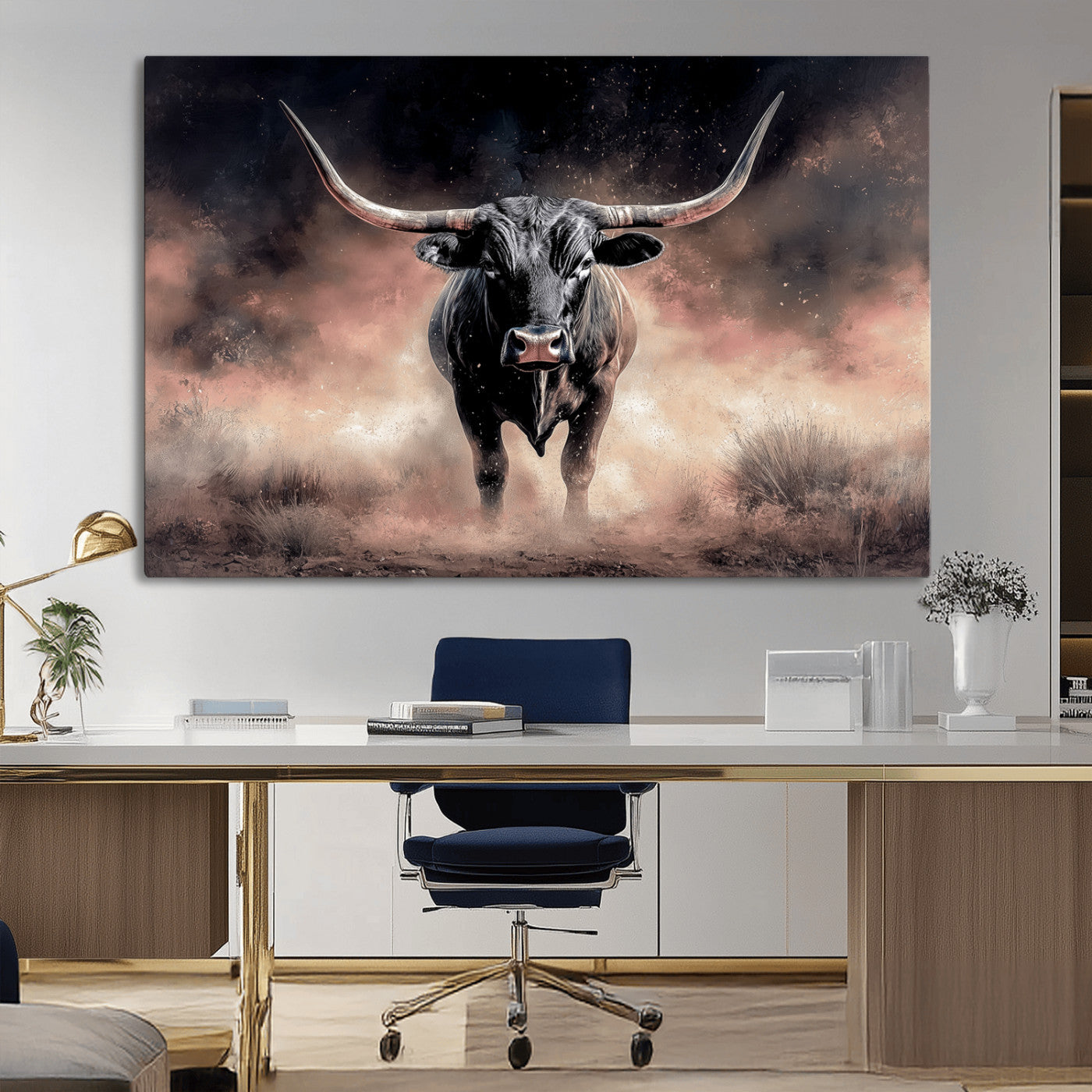 71457818-MGV-CV-36X24-Longhorn Wall Art Wall Art Canvas Print, Framed Western Bull Canvas Art Picture Print, Rustic Cow Decor Perfect Western Dramatic