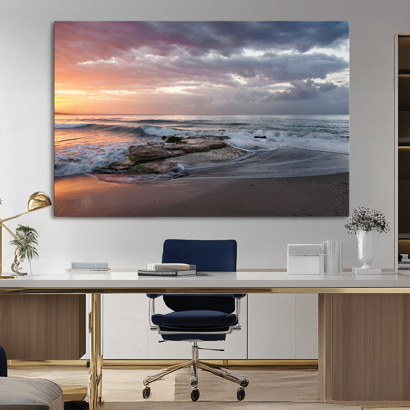 94208089-MGV-CV-36X24-Golden Hour Wall Art Canvas Print, Framed Tranquil Waves Art Picture Print, Beach Horizon Perfect Coastal Serenity Decor Artwork