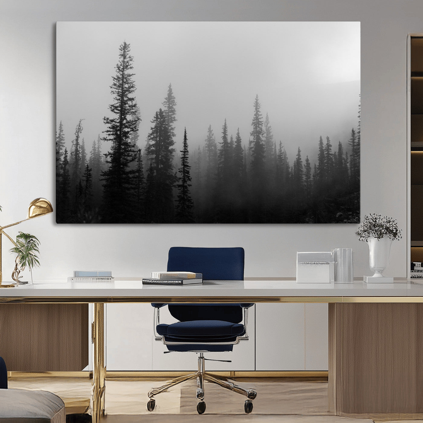 73138900-MGV-CV-36X24-Misty Pines Wall Art Canvas Print, Framed Woodland Photography Art Picture Print, Minimalist Decor Perfect Modern Rustic Decor