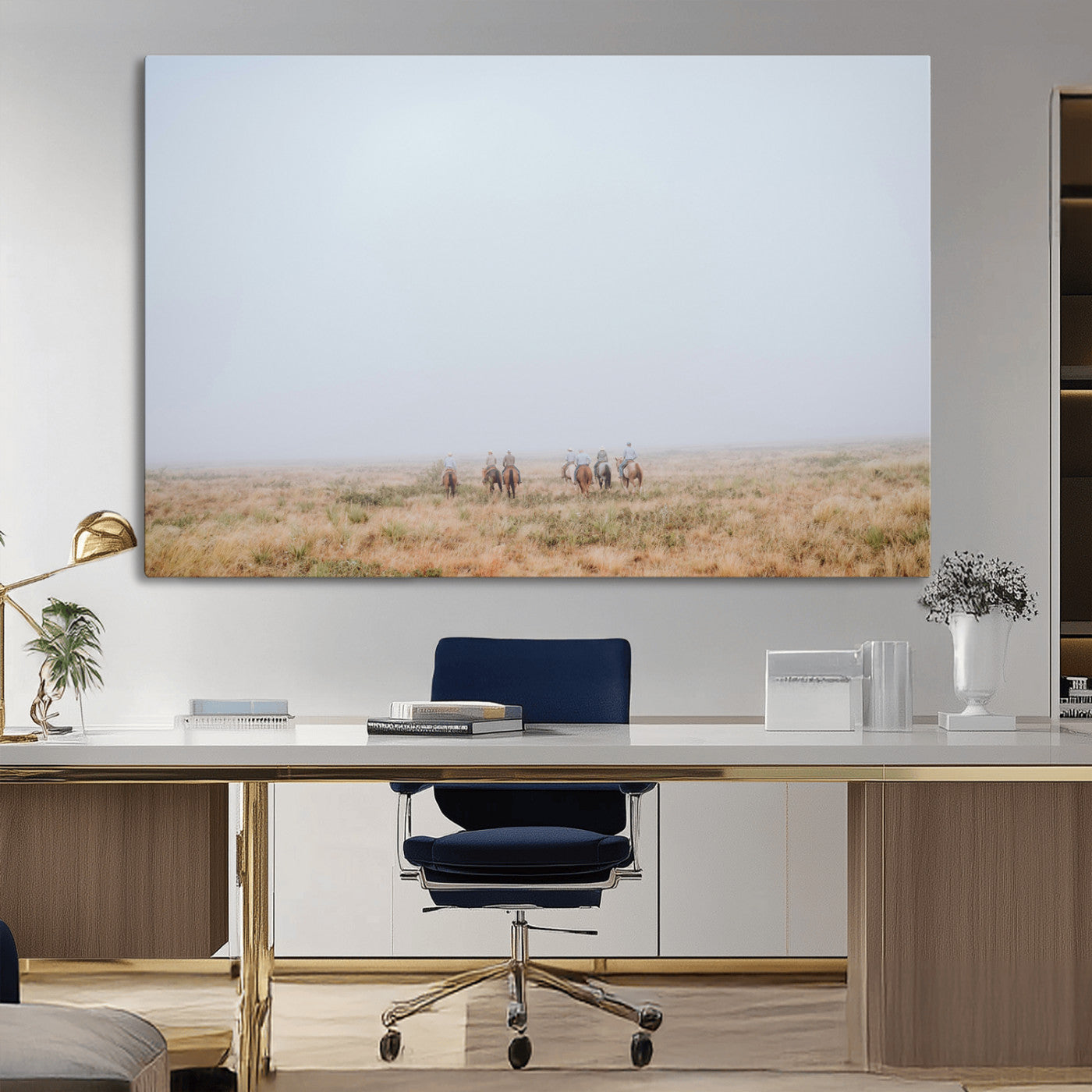 14761944-MGV-CV-36X24-Foggy Plains Wall Art Canvas Print, Framed Horseback Riders Art Picture Print, Rustic Western Perfect Rustic Western Decor Artwork