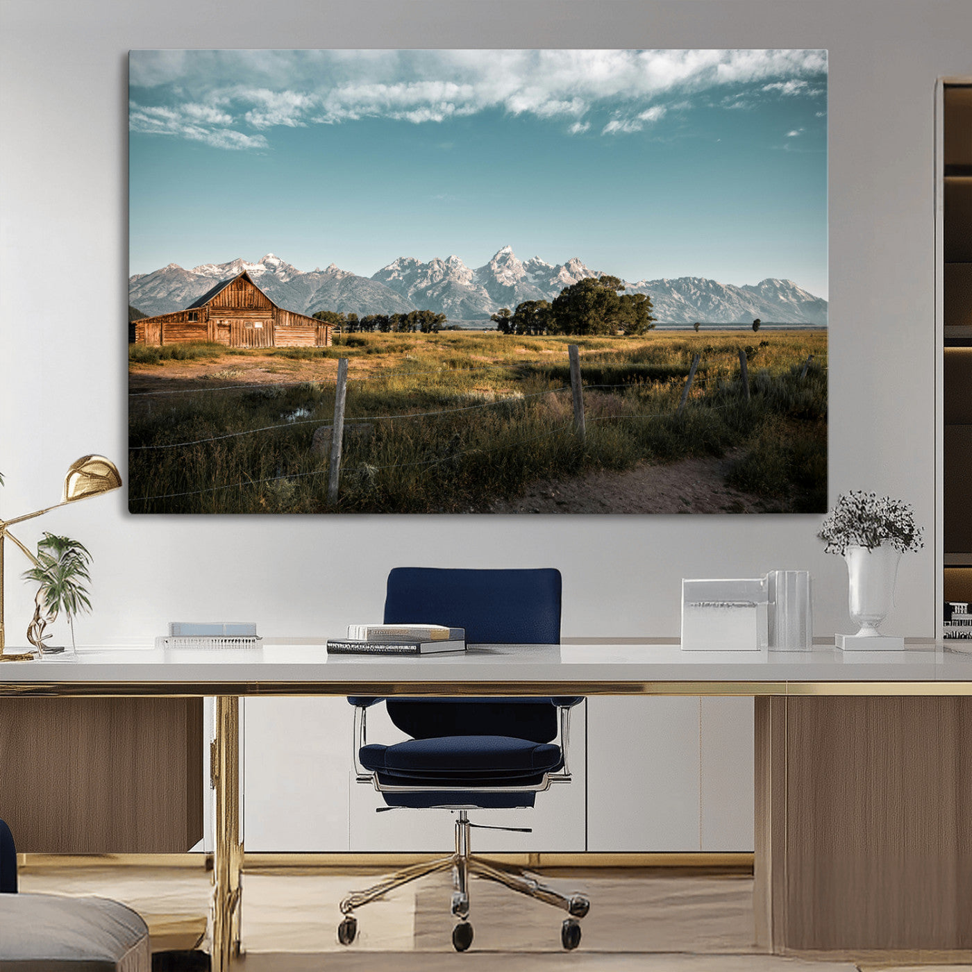 92497443-MGV-CV-36X24-Rustic Farmhouse Wall Art Canvas Print, Framed Mountain Cabin Art Picture Print, Western Landscape Perfect Rustic Farmhouse Decor