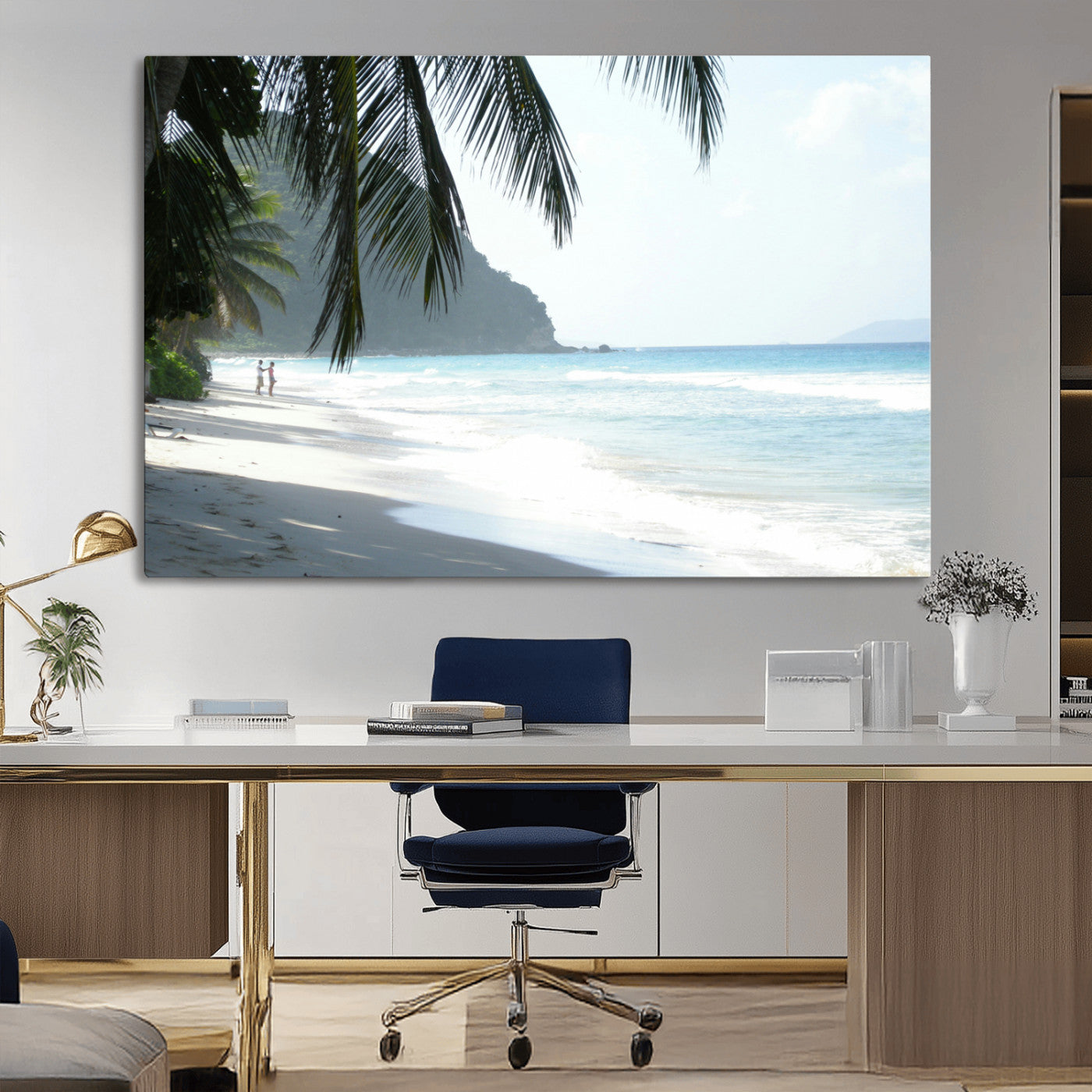 18311030-MGV-CV-36X24-Tropical Beach Wall Art Canvas Print, Framed Serene Ocean Art Picture Print, Palm Tree Shadows Perfect Tropical Coastal Decor