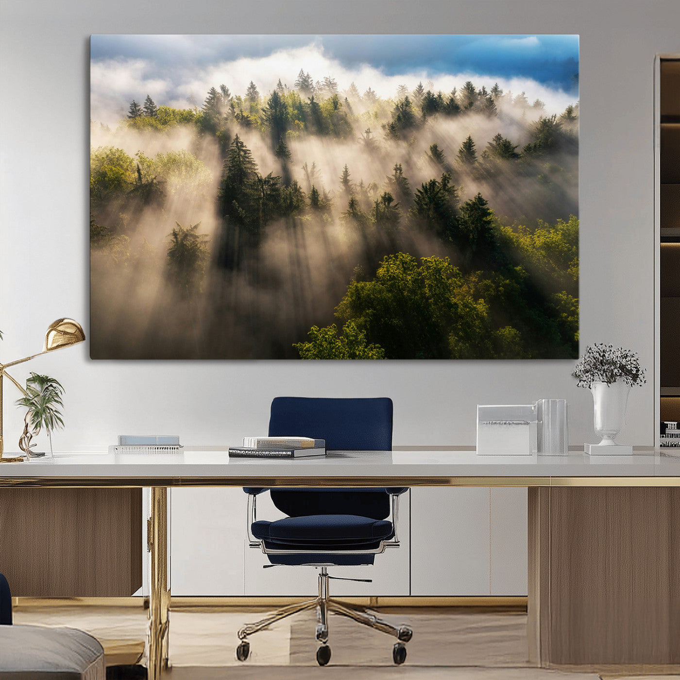 14785710-MGV-CV-36X24-Tranquil Forest Scene Wall Art Canvas Print, Framed Sunbeam Through Trees Art Picture Print, Moody Green Wall Art Perfect