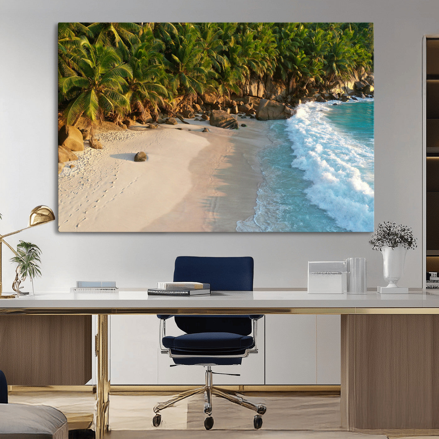 82312665-MGV-CV-36X24-Tropical Beach Wall Art Canvas Print, Framed Ocean Waves Art Picture Print, Palm Trees Perfect Coastal Minimalist Decor Artwork