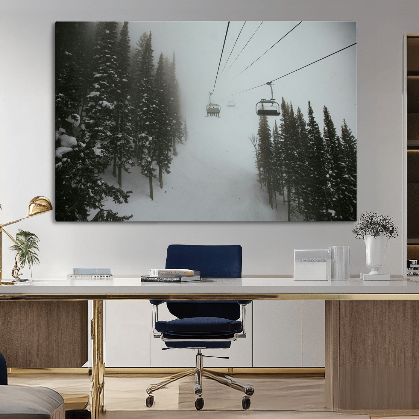 87018452-MGV-CV-36X24-Ski Lift Wall Art Canvas Print, Framed Snowy Pines Art Picture Print, Misty Landscape Perfect Winter Serenity Decor Artwork