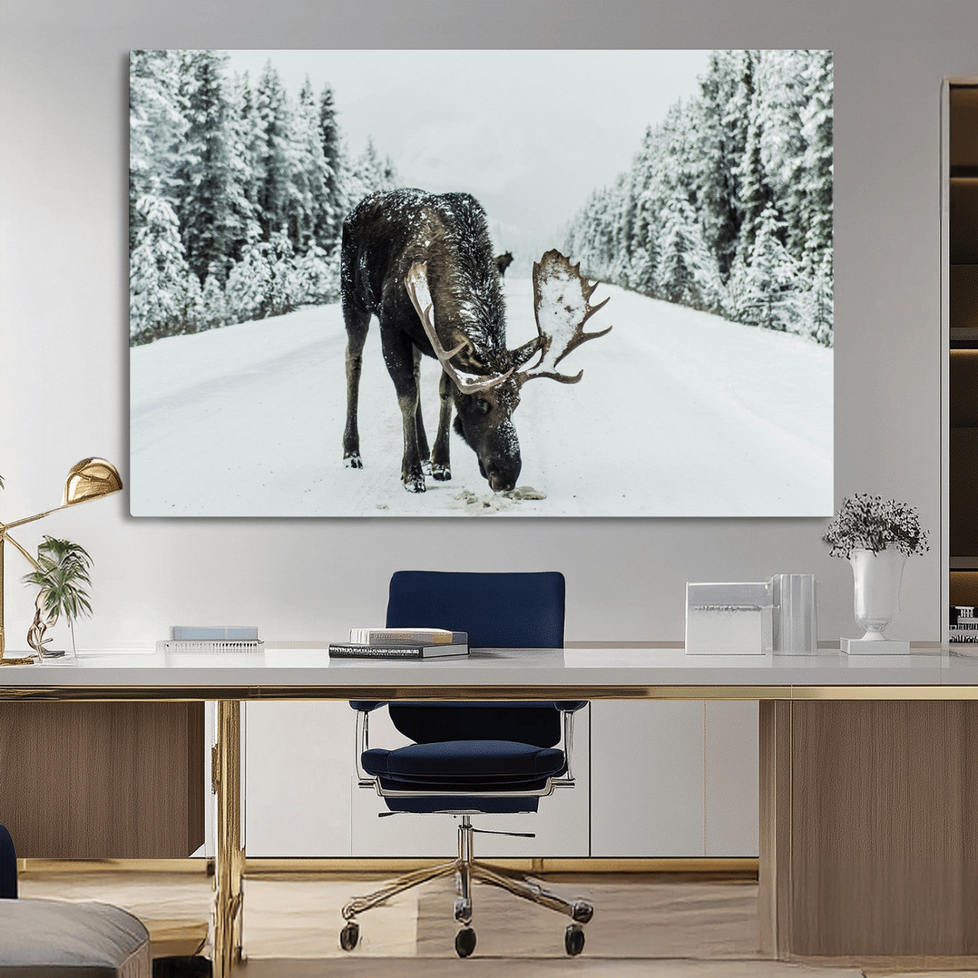 13316292-MGV-CV-36X24-Moose in Snow Wall Art Canvas Print, Framed Winter Wildlife Art Picture Print, Snowy Forest Scene Perfect Rustic Lodge Decor