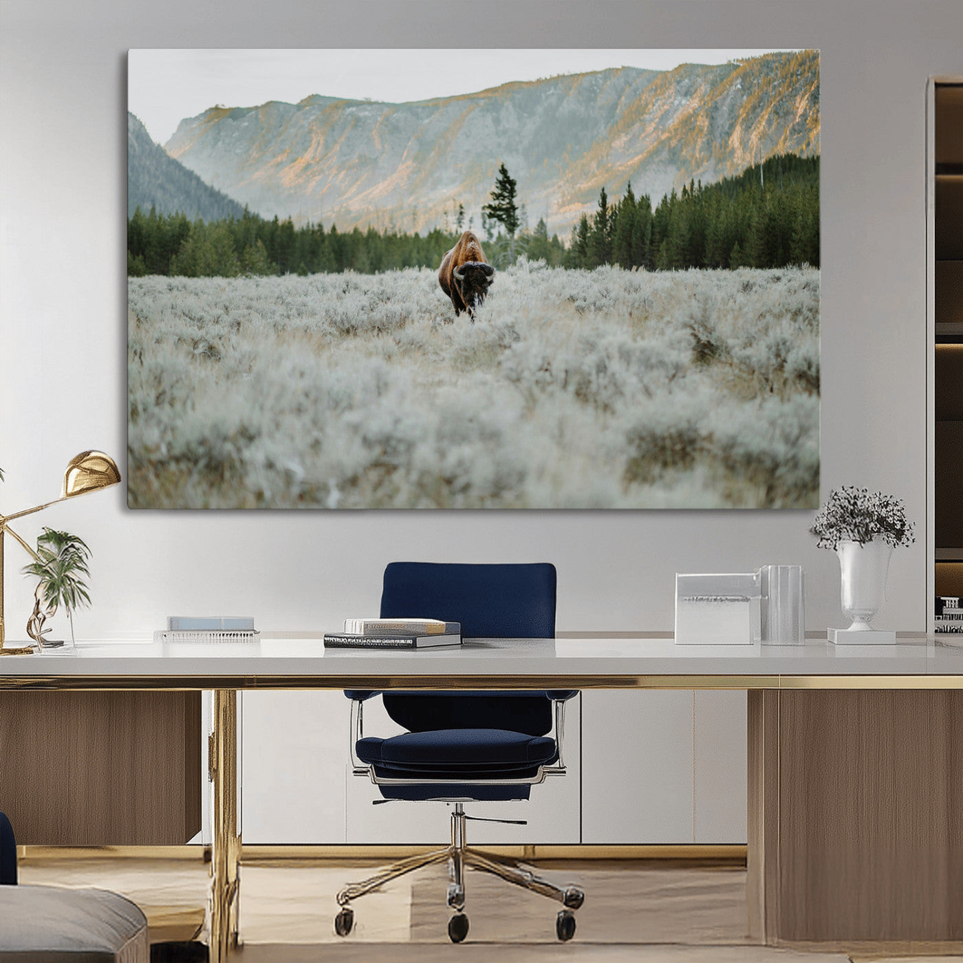 41674074-MGV-CV-36X24-Bison Wall Art – American Buffalo Wildlife Photography Canvas Print, Western Mountain Landscape Artwork Rustic Nature Decor for