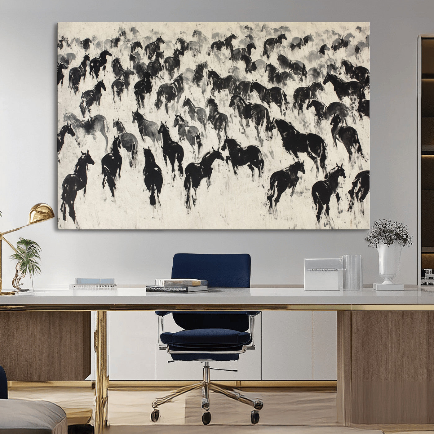 29265745-MGV-CV-36X24-Wild Horse Herd Wall Art – Black and White Galloping Horses Canvas Print, Rustic Western Farmhouse Décor for Living Room, Bedroom,