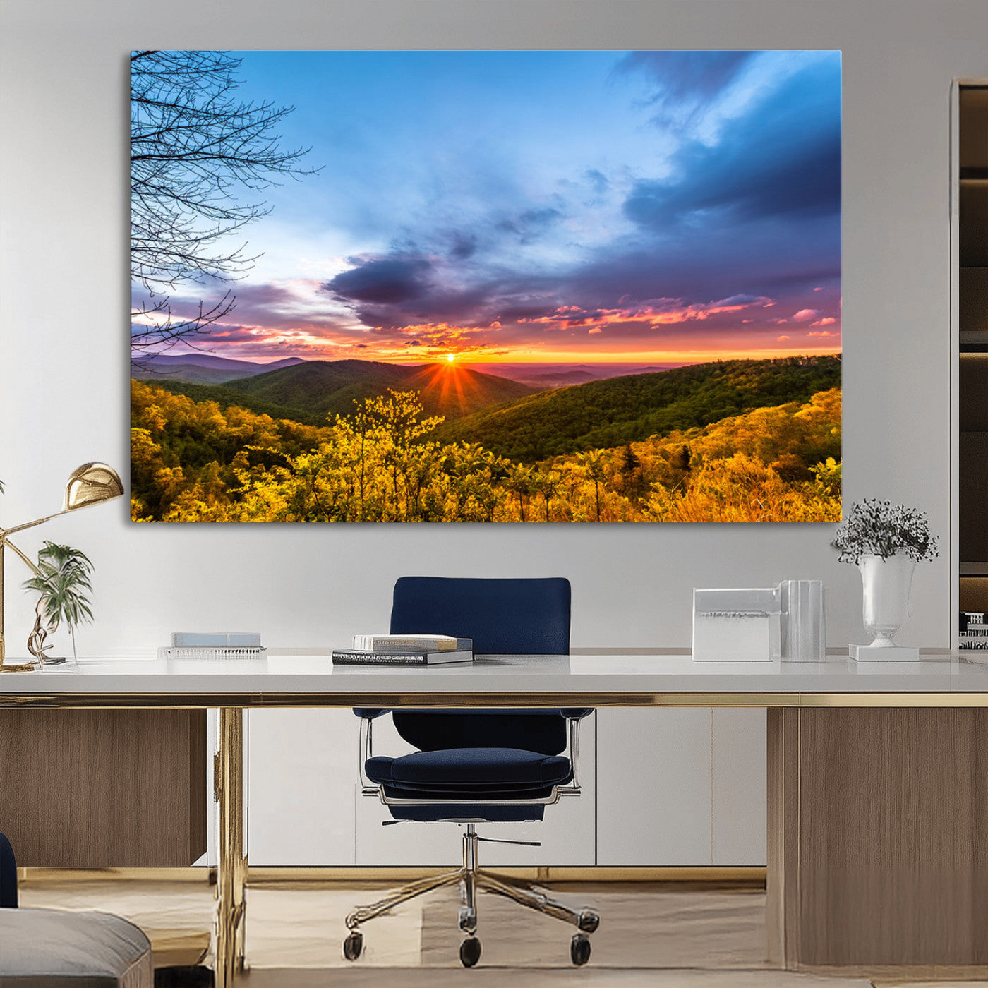25786346-MGV-CV-36X24-Sunset Over Mountains Wall Art – Nature Landscape Canvas Print, Golden Hour Forest Photography, Scenic Sunrise Artwork for Living